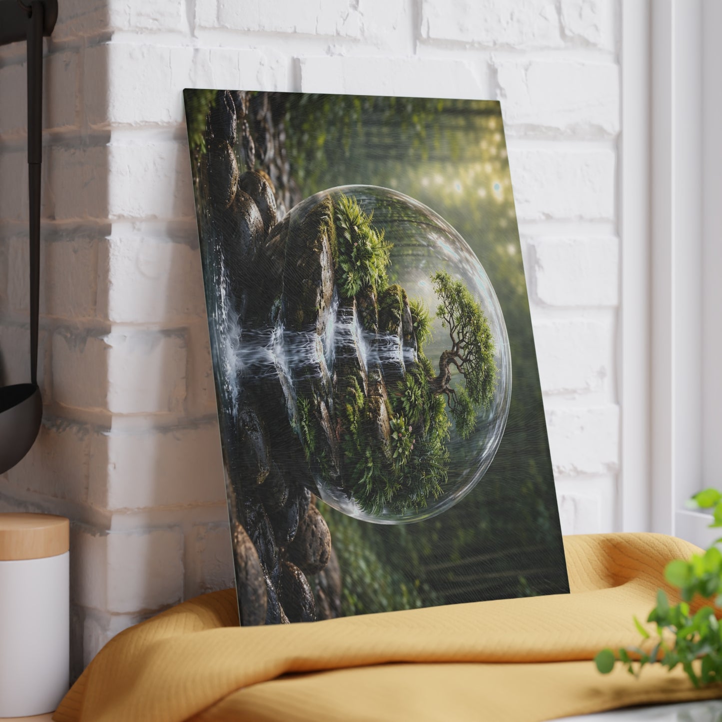 Enchanted Forest Waterfall Terrarium Glass Cutting Board – Nature-Inspired Zen Kitchen Art
