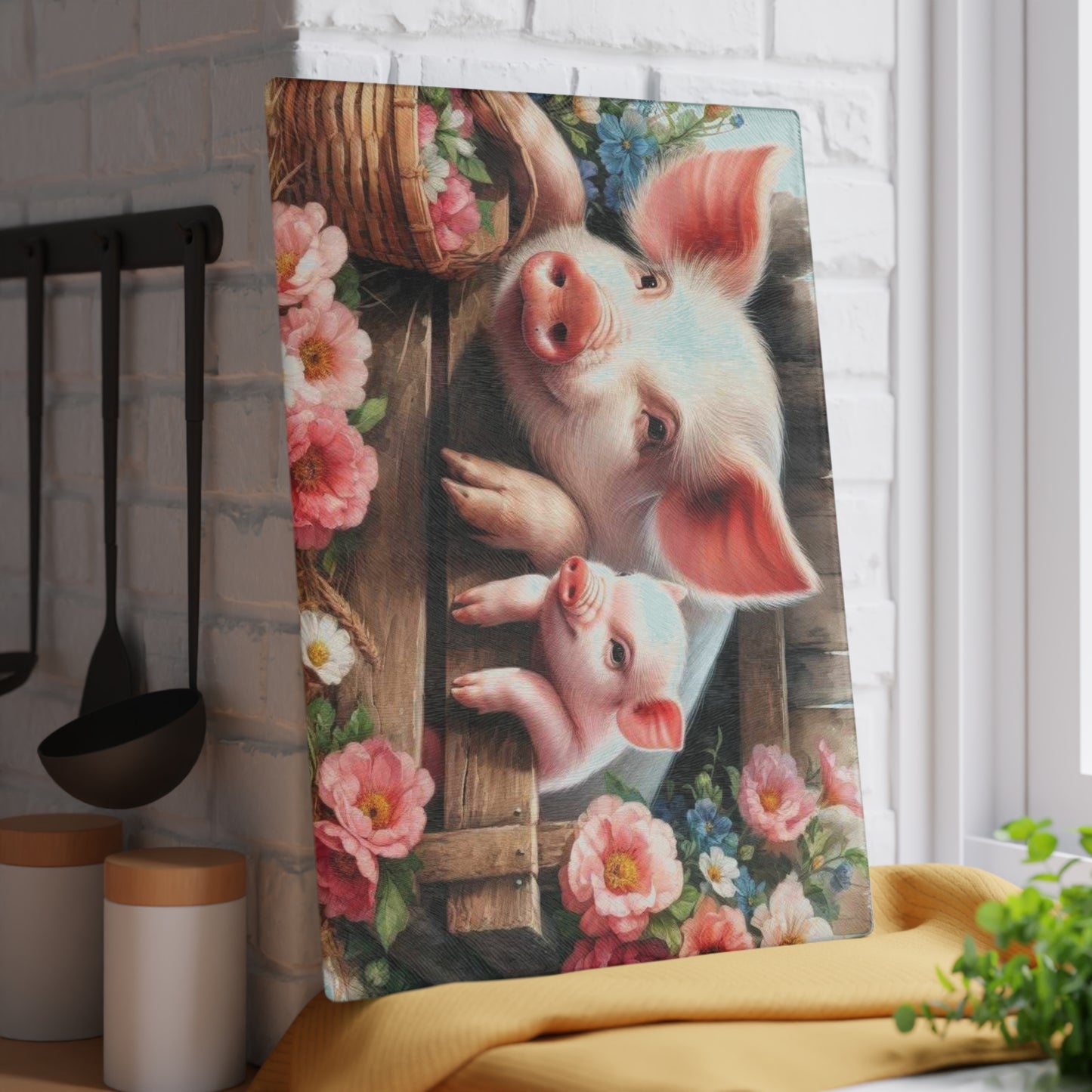 Tabla de cortar de vidrio templado para mamá y cerdito