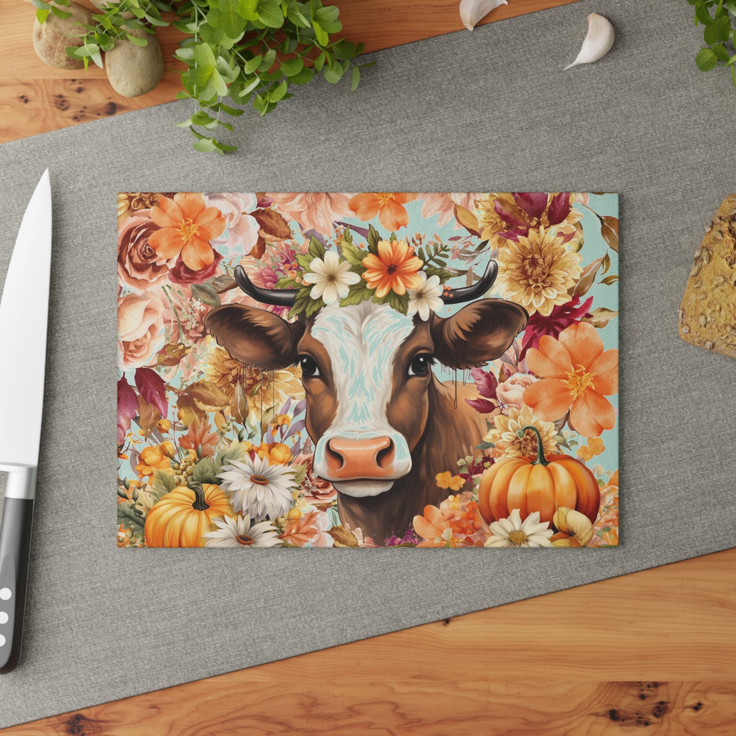 cow🐄🌸 Floral Cow with Pumpkins Cutting Board – Cozy Autumn Charm for Your Country Kitchen