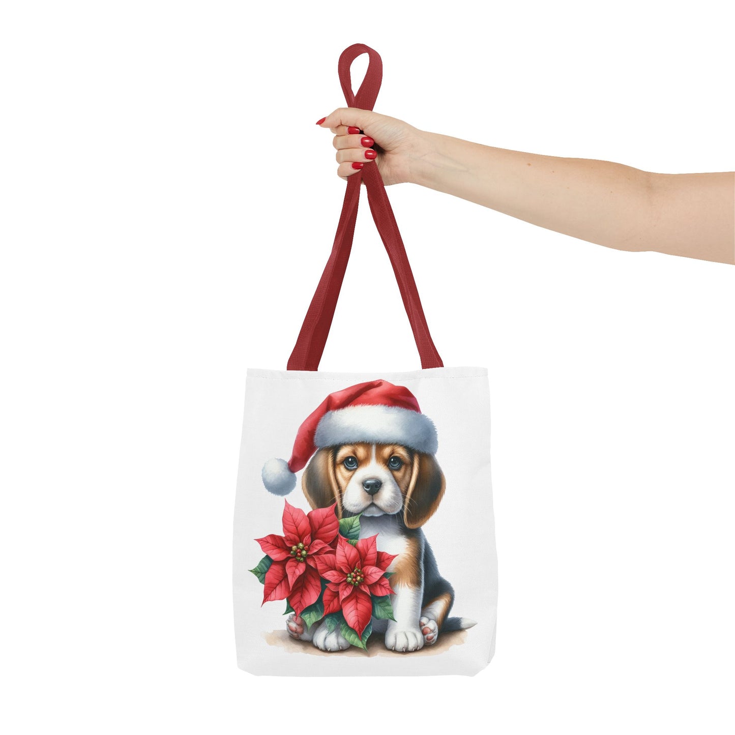 🐶 Beagle Puppy & Poinsettia Christmas Tote Bag – Sweet Holiday Charm in Every Step 🎄