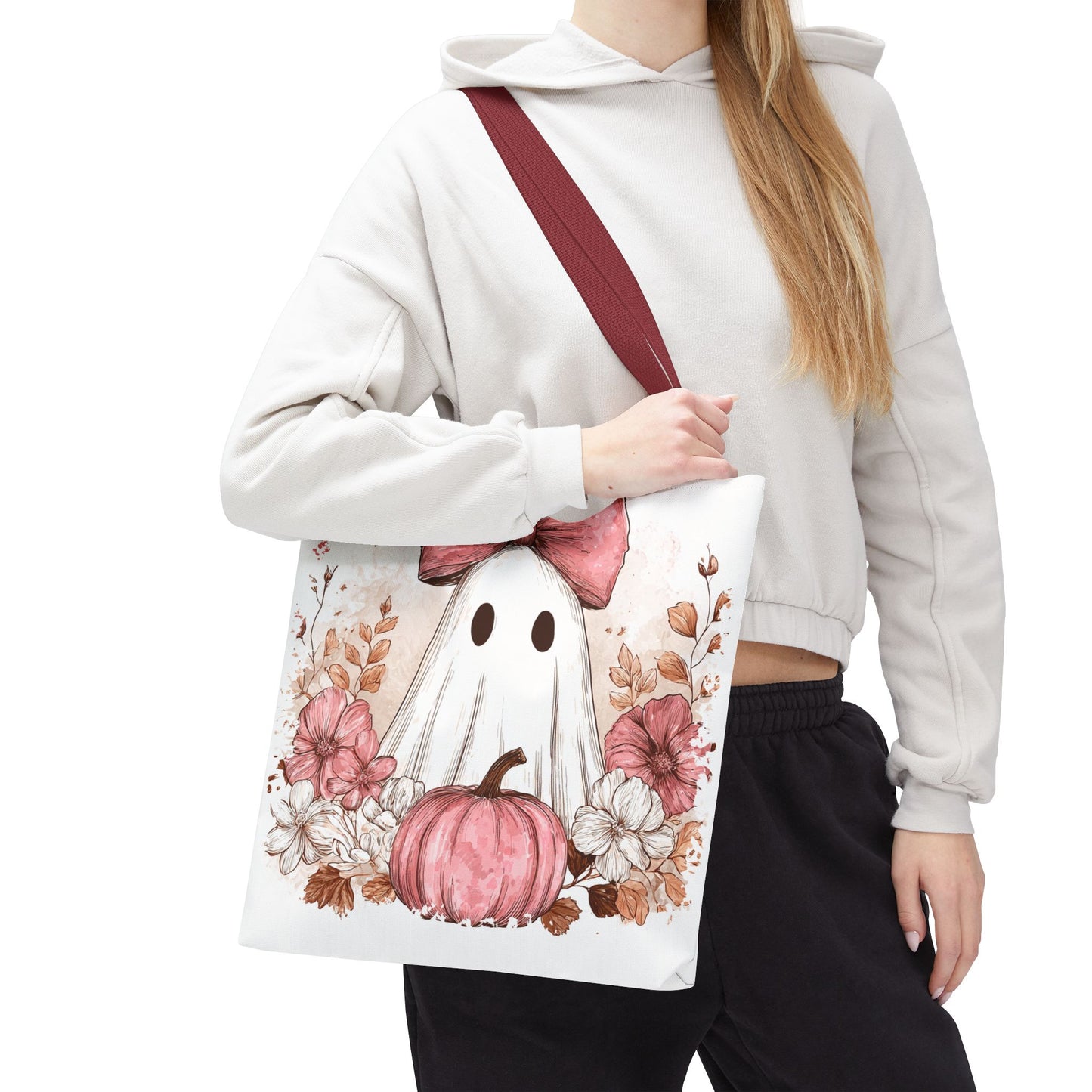 ๐ป Pink Bow Ghost Floral Halloween Tote Bag โ Spooky Cute with Fall Charm ๐๐