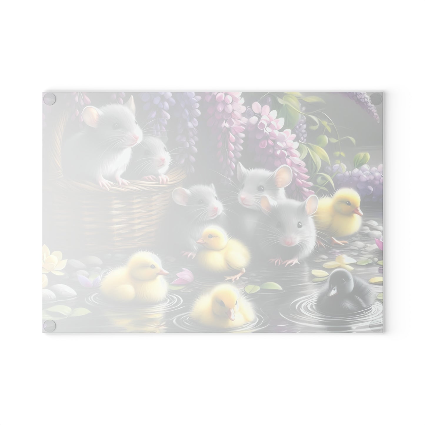 Tabla de cortar con patitos y ratones en un jardín primaveral: decoración de cocina de vidrio con un toque caprichoso