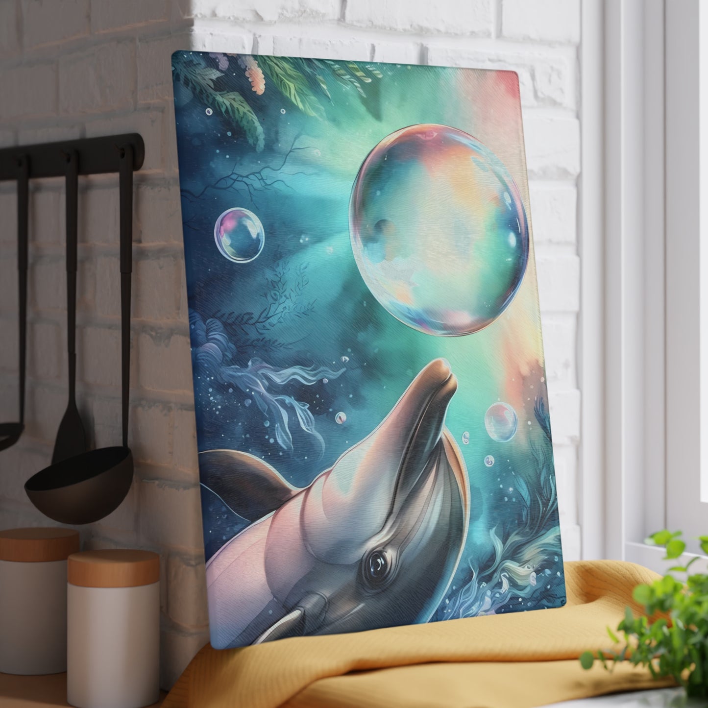 Tabla de cortar con diseño de delfín, vidrio templado con vibrantes escenas de delfines, regalo para chef, regalo para ella, regalo de boda o inauguración de la casa.