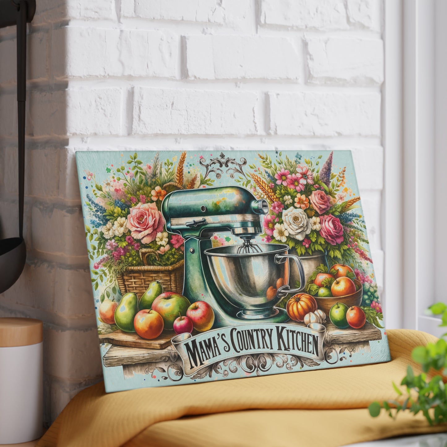 Tabla de cortar de cocina campestre de mamá: dije vintage para batidora con estilo floral campestre