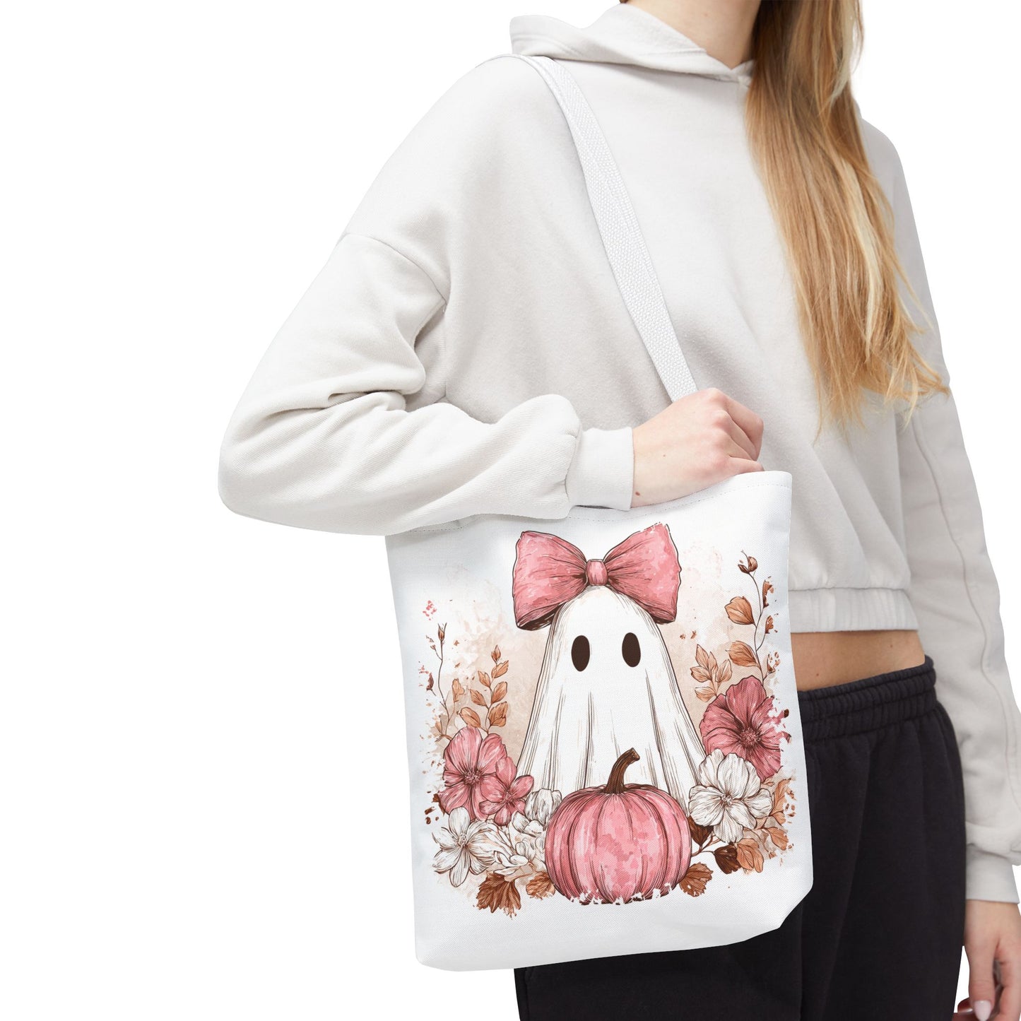 ๐ป Pink Bow Ghost Floral Halloween Tote Bag โ Spooky Cute with Fall Charm ๐๐