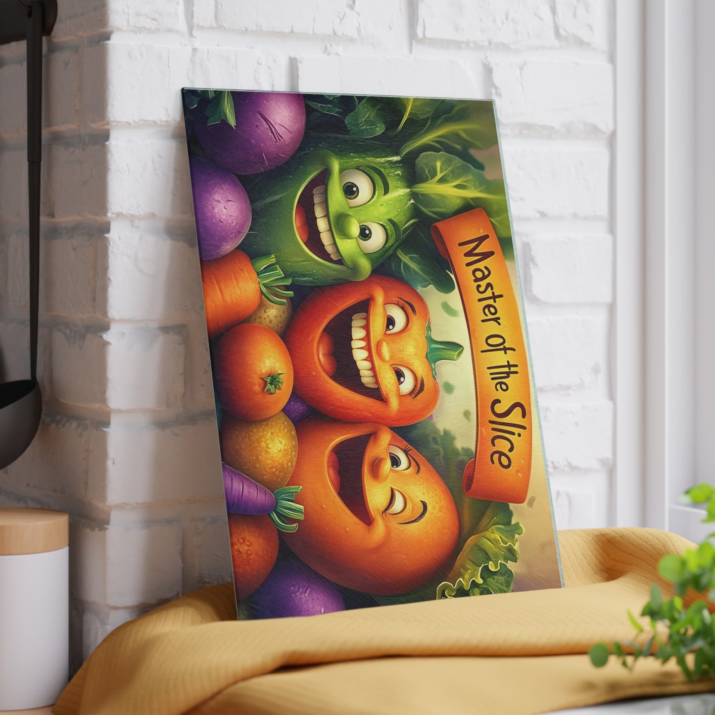 Tabla de cortar de vidrio “Maestra del Corte” – Humor de cocina de verduras que ríen 😄🍅