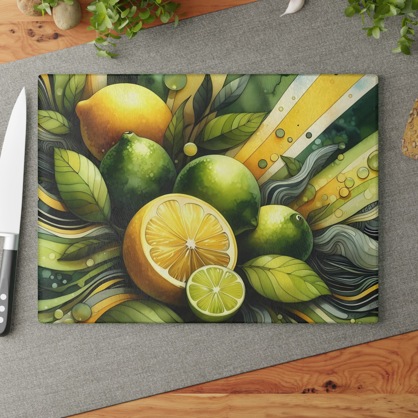 Tabla de cortar de vidrio con limones y limas frescas: decoración de cocina y estilo para servir con un toque cítrico