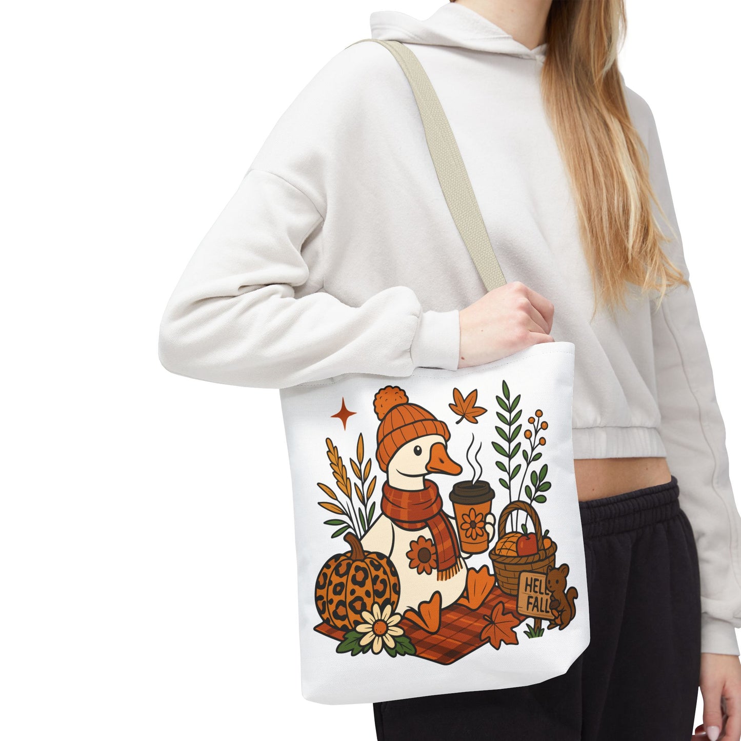 🧣 Hello Fall Cozy Duck Tote Bag – A Quirky Autumn Hug in a Bag 🍂🦆