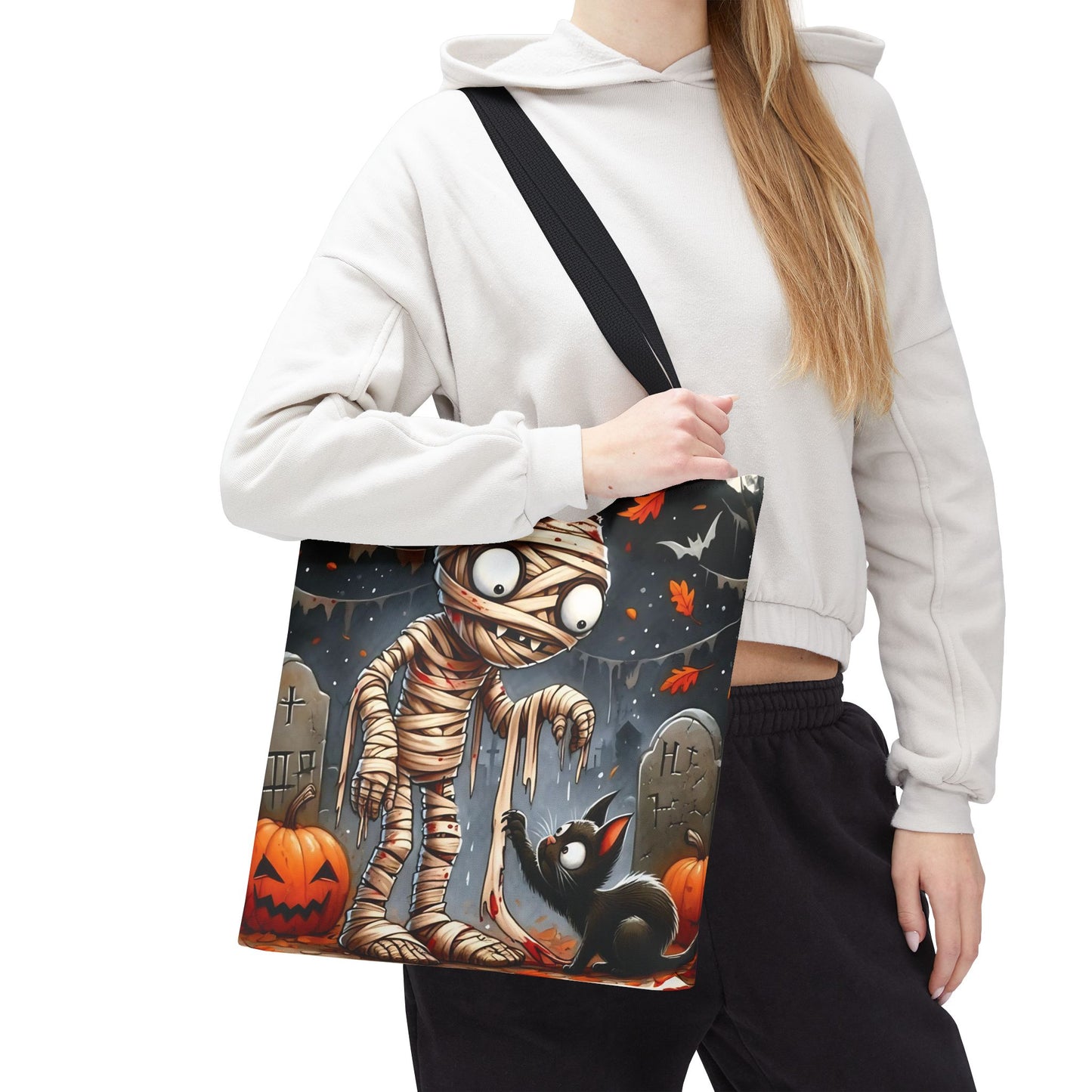 🎃 Mummy & Black Cat Halloween Tote Bag – Spooky Cute & Perfect for Trick-or-Treating 🖤🛍️