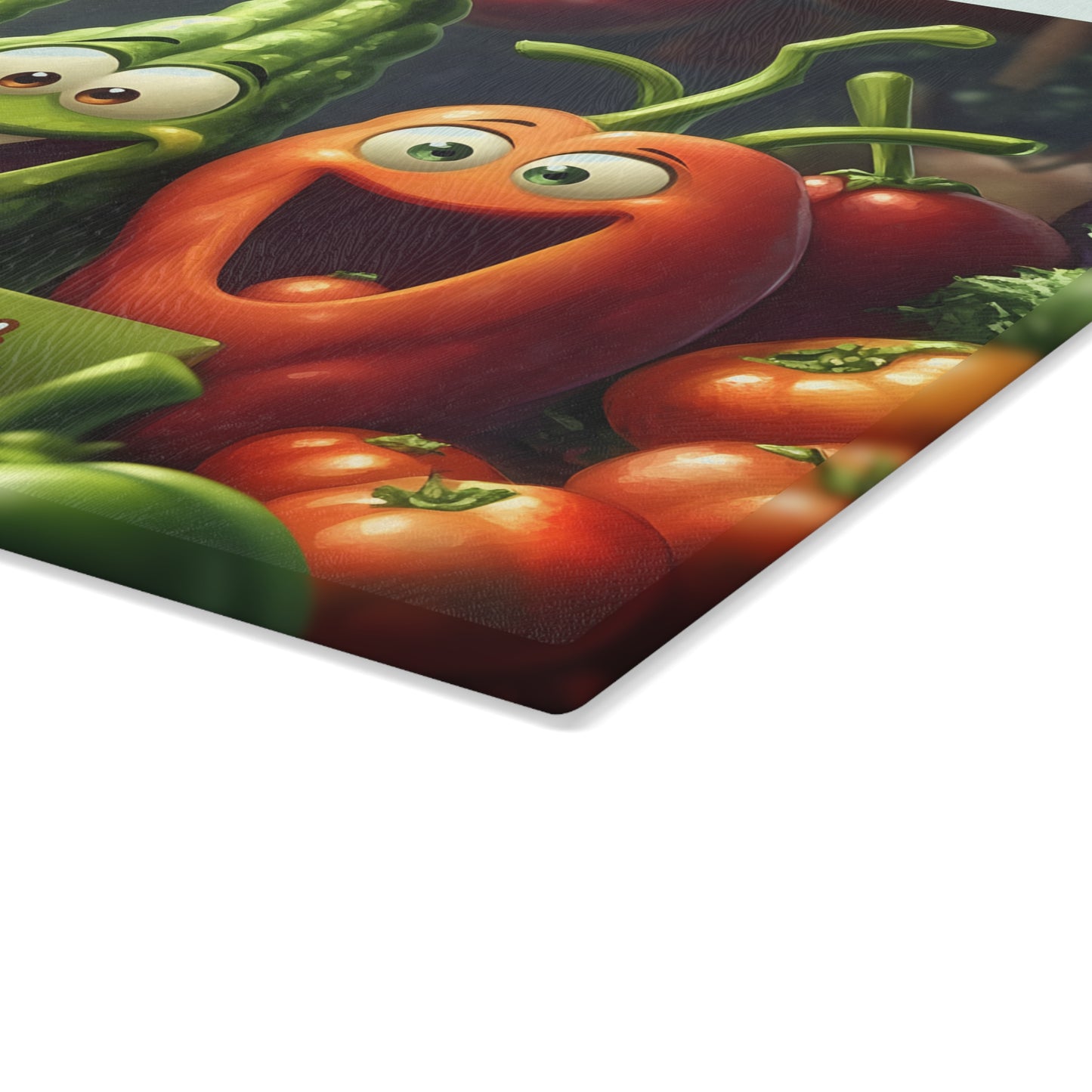 Tabla de cortar de vidrio “Ninguna verdura sin picar” – Humor de cocina con verduras que ríen 😆🍅