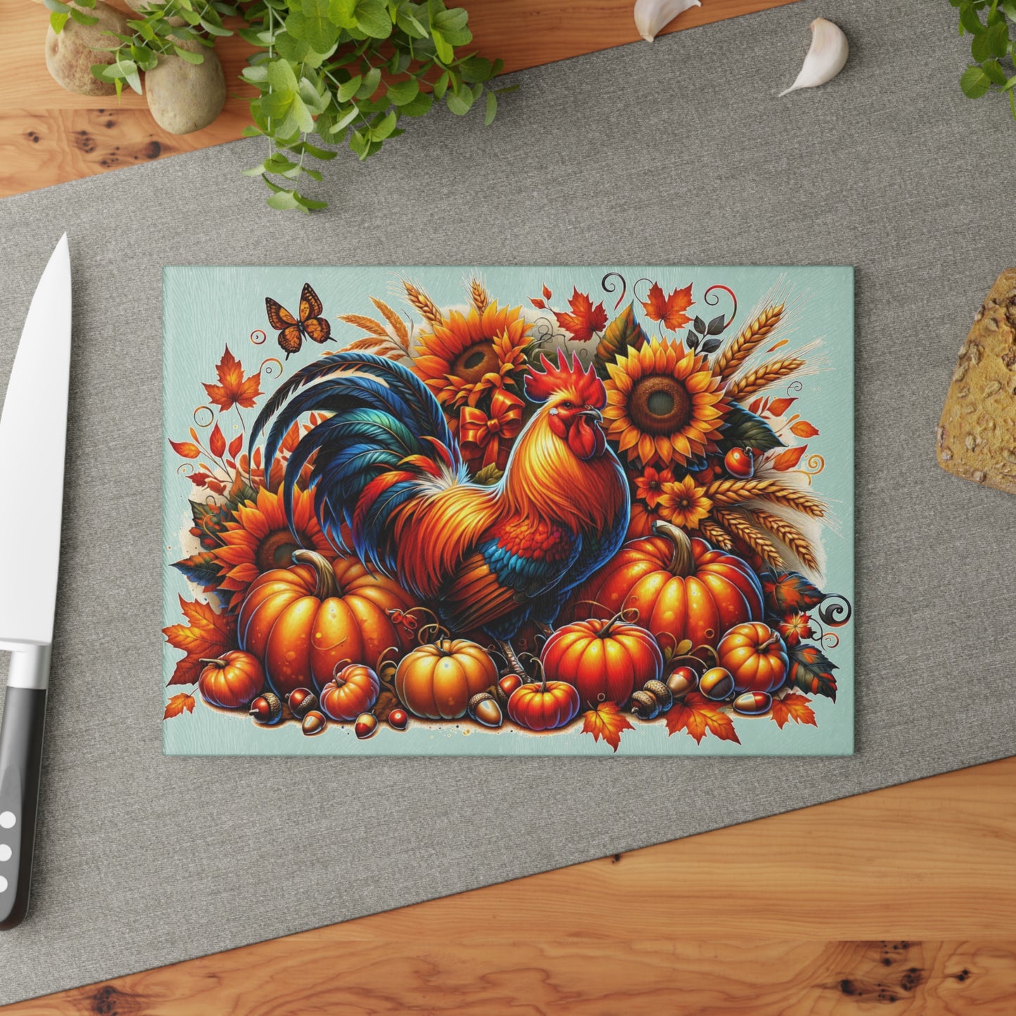 🧡🌻 “Harvest Rooster & Sunflowers” Glass Cutting Board – Cozy Charm for Your Kitchen