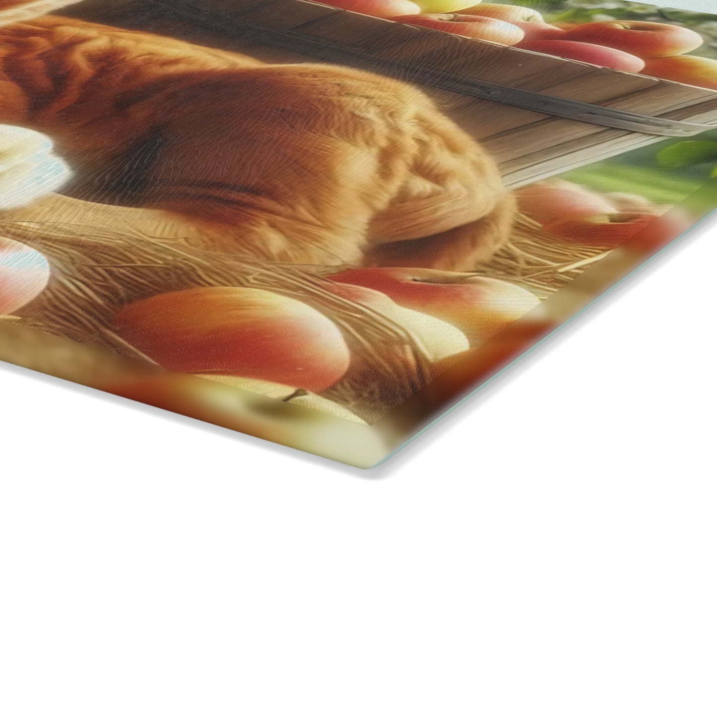 Tabla de cortar con diseño de vaca y pollito en heno con manzanas, regalo único, tabla de cortar de vidrio, tabla de charcutería, tabla de cortar personalizada