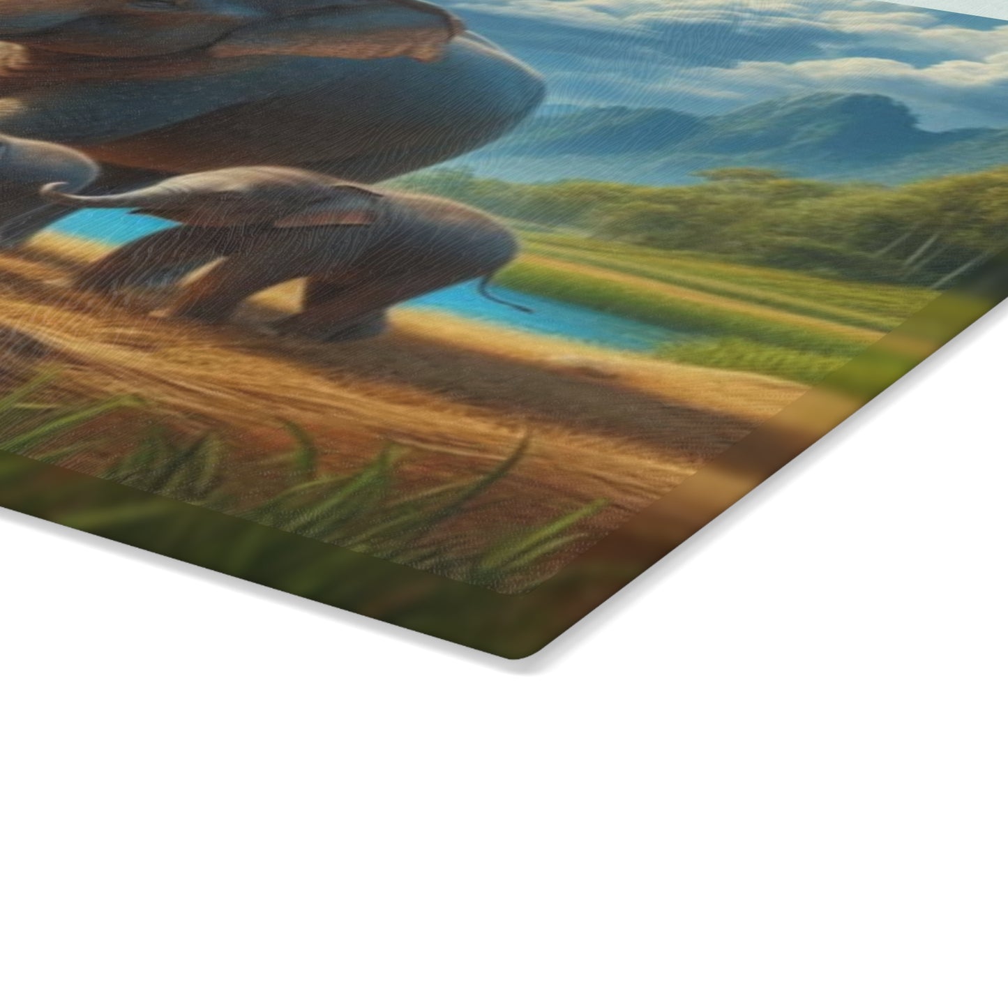 🐘🌿 Elephant Family Glass Cutting Board – Serene Nature Elegance for Your Kitchen 🌊