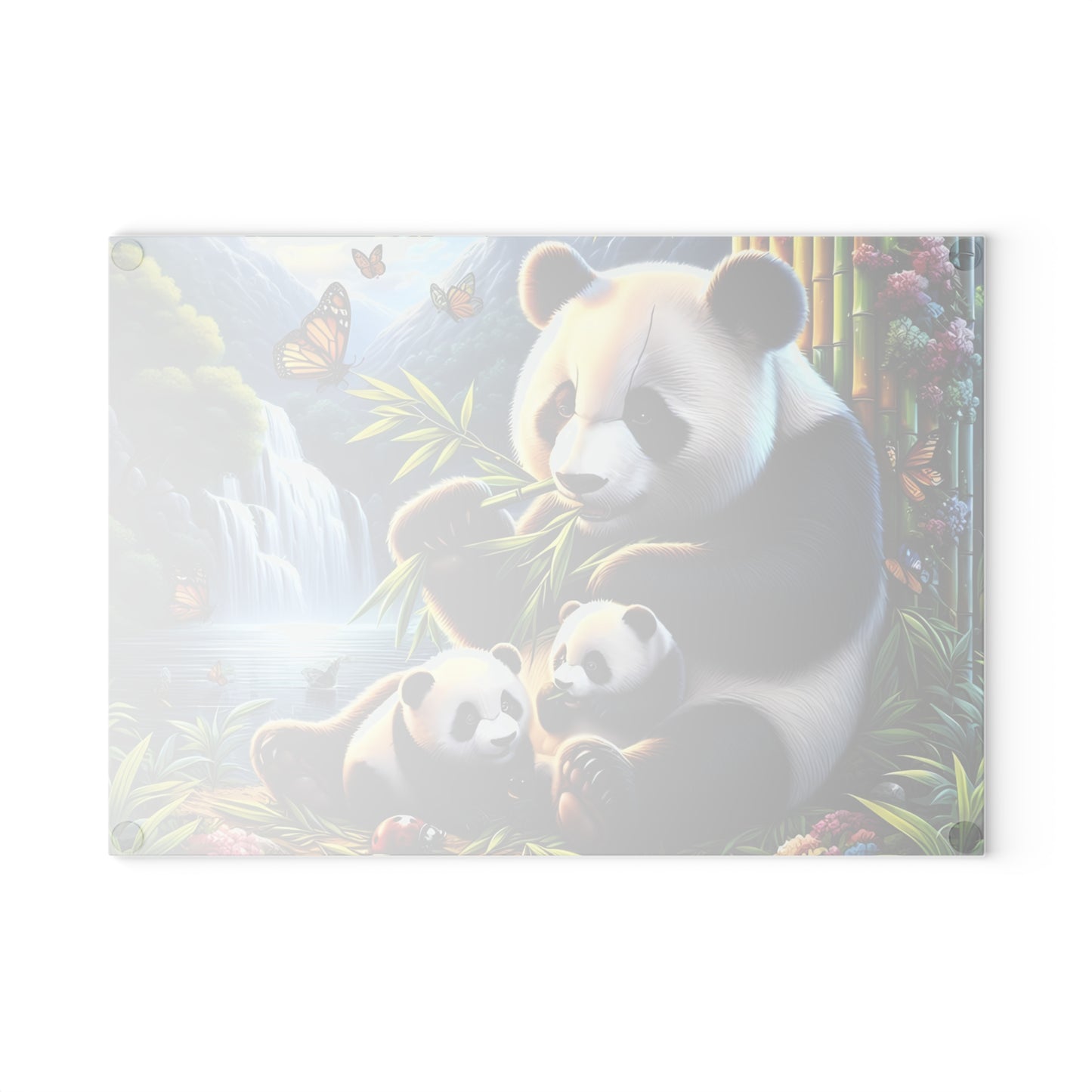 Tabla de cortar con cascada y familia de pandas: una escena natural y caprichosa para tu cocina