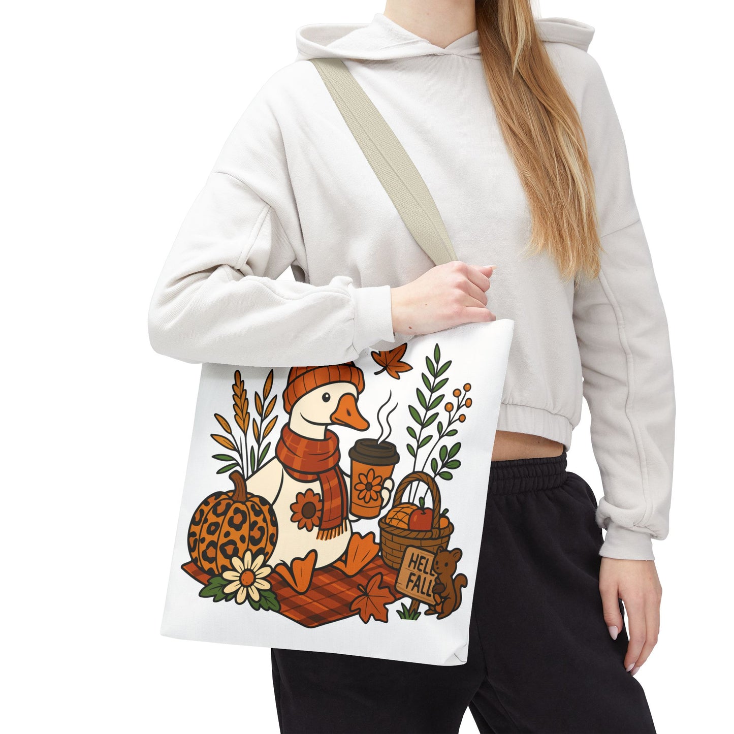 🧣 Hello Fall Cozy Duck Tote Bag – A Quirky Autumn Hug in a Bag 🍂🦆