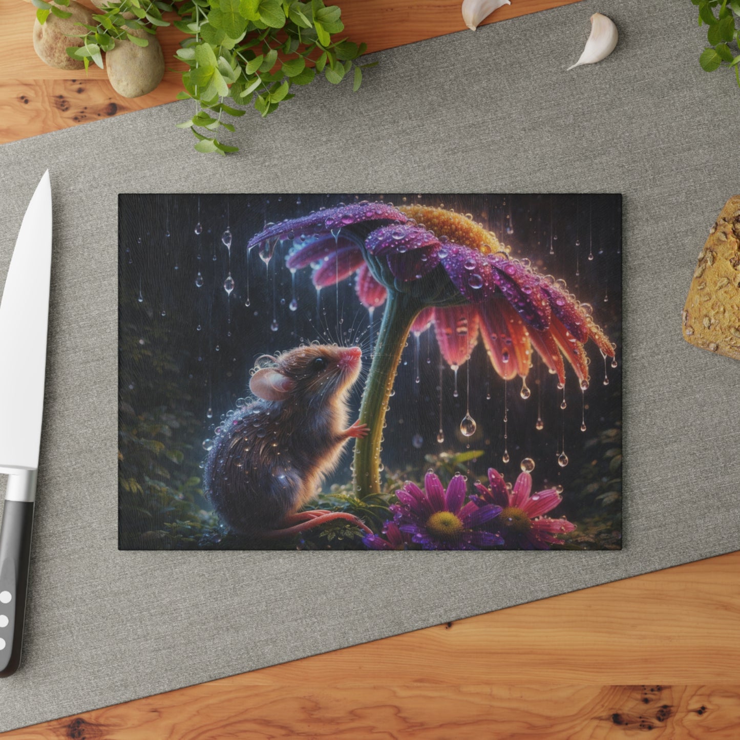 Rainy Garden Mouse Glass Cutting Board – Whimsical Nature Artwork