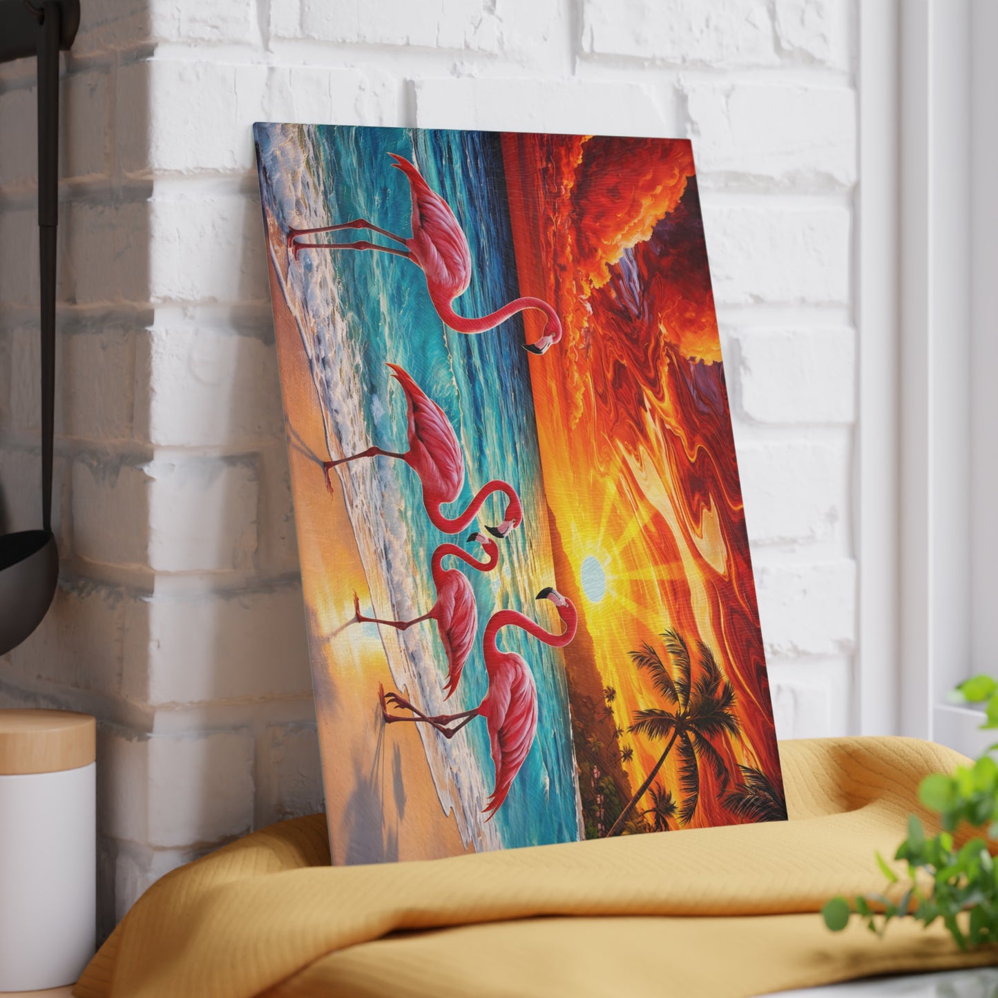 Vibrant Flamingo Sunset Glass Cutting Board – Tropical Coastal Kitchen Decor