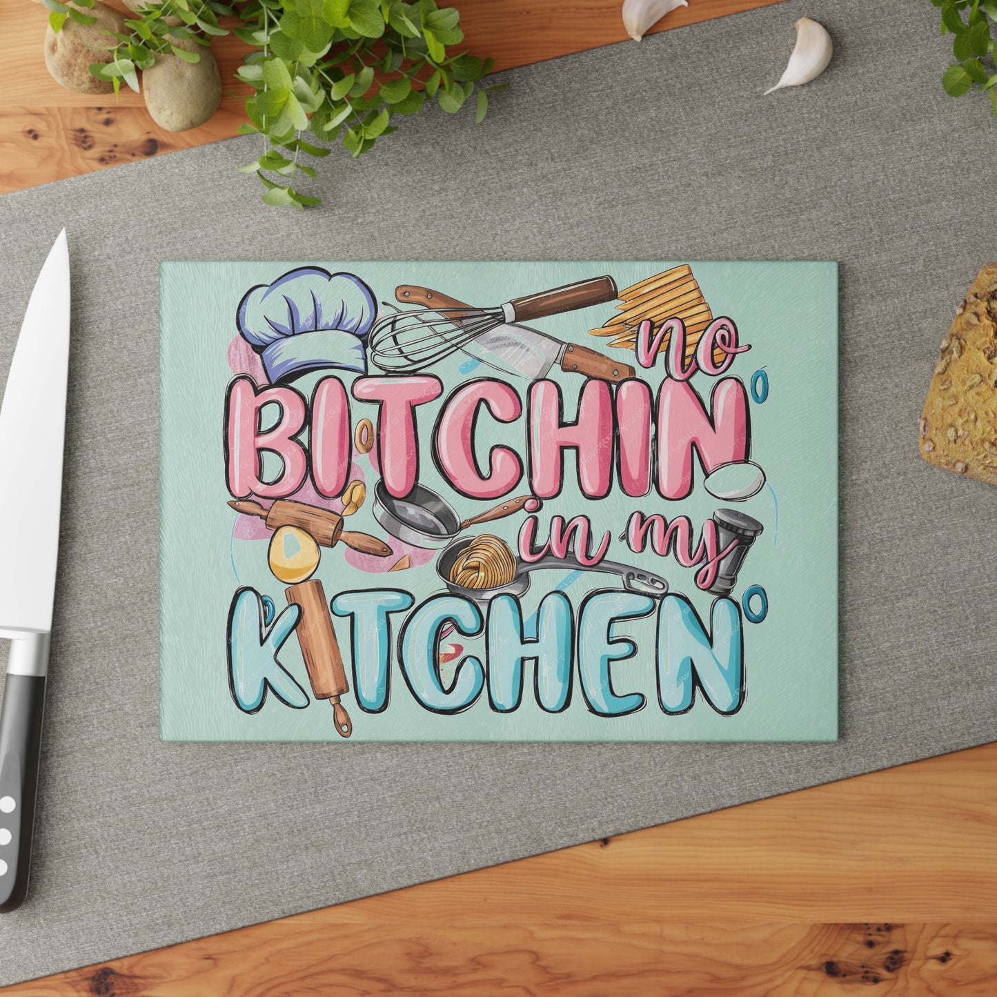 😆 No Bitchin' In My Kitchen Cutting Board – Sassy Kitchen Humor with Whisks, Eggs & Attitude 🍳💁♀️