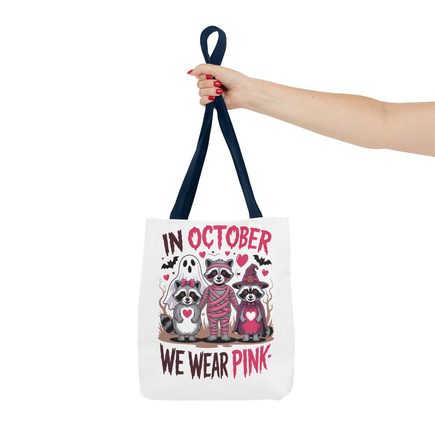 🎀 In October We Wear Pink Raccoon Halloween Tote Bag – Spooky Cute Awareness Style 🦝👜