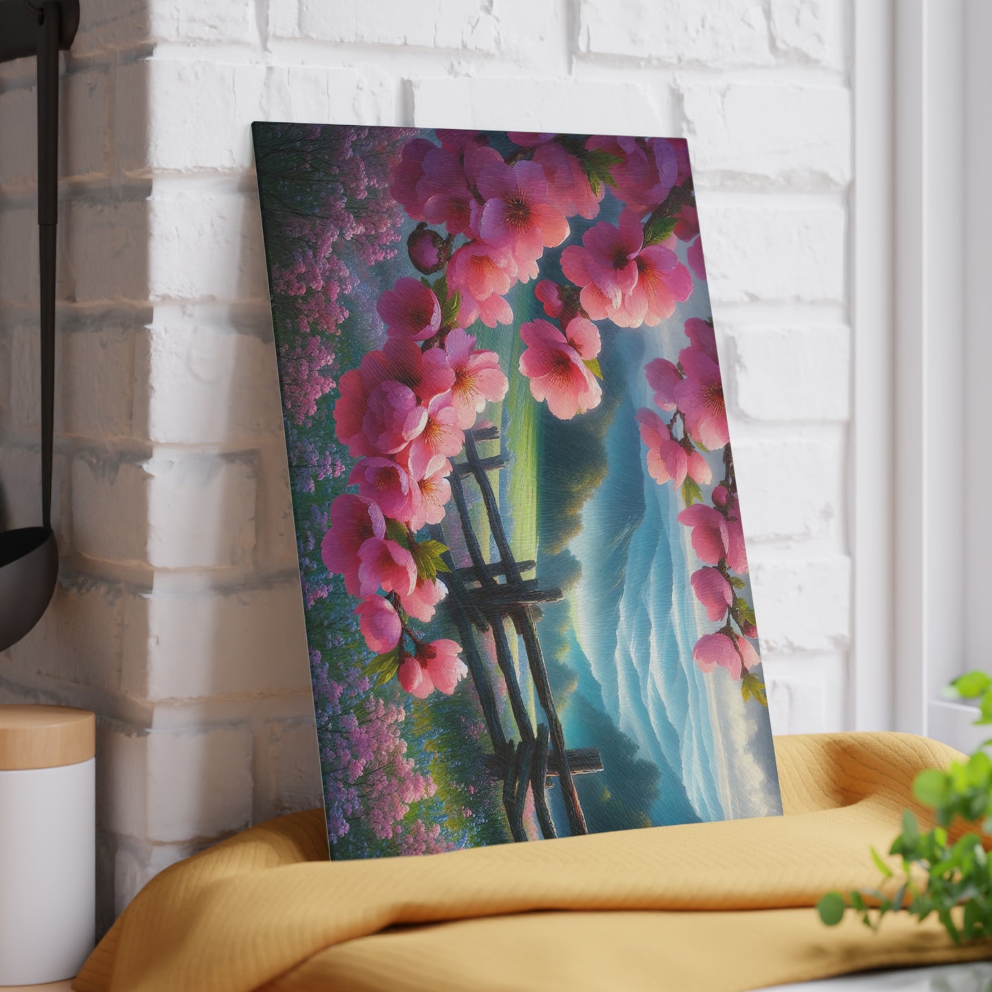 Cherry Blossom Mountain Meadow Glass Cutting Board – Spring Floral Landscape Kitchen Display