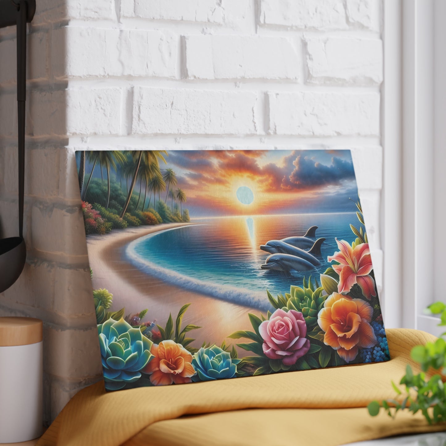 Tabla de cortar con diseño de delfín, vidrio templado con vibrantes escenas de delfines, regalo para chef, regalo para ella, regalo de boda o inauguración de la casa.