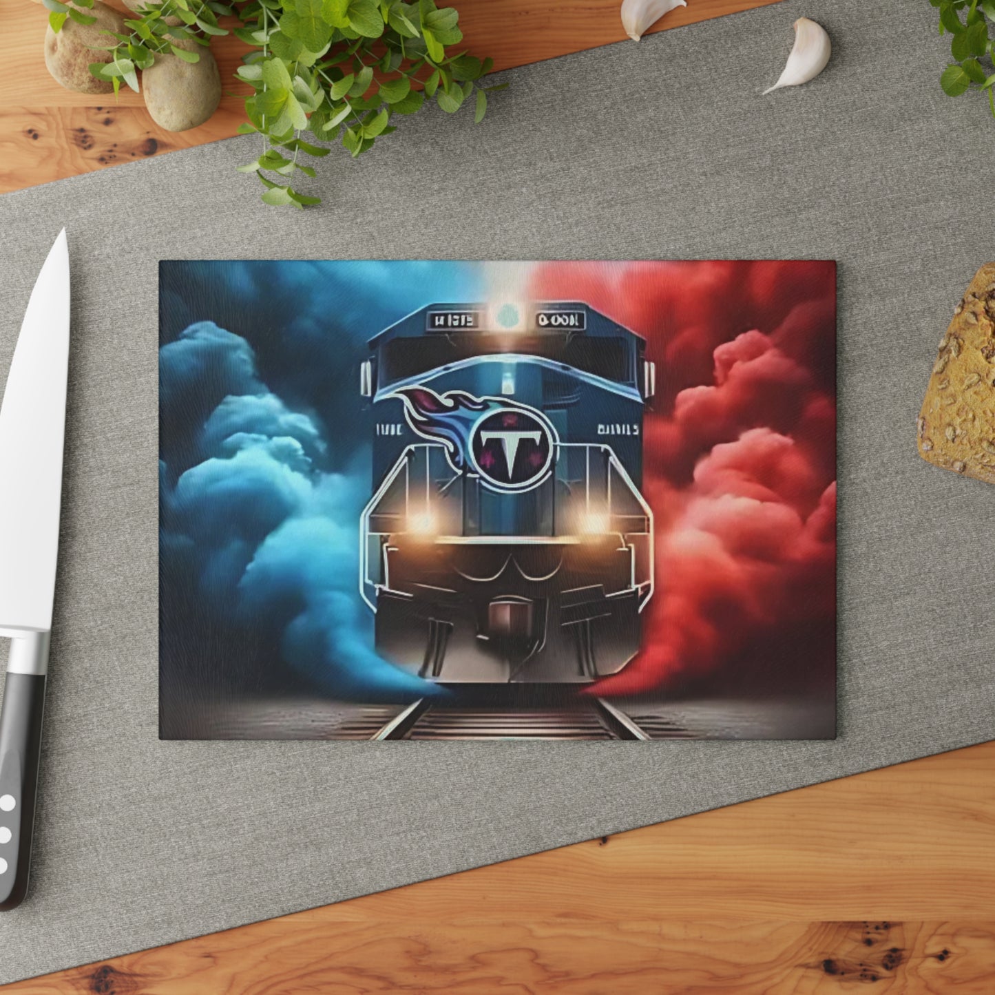 Navy & Red Express Glass Cutting Board – Bold Train Art for Gritty, Modern Kitchens