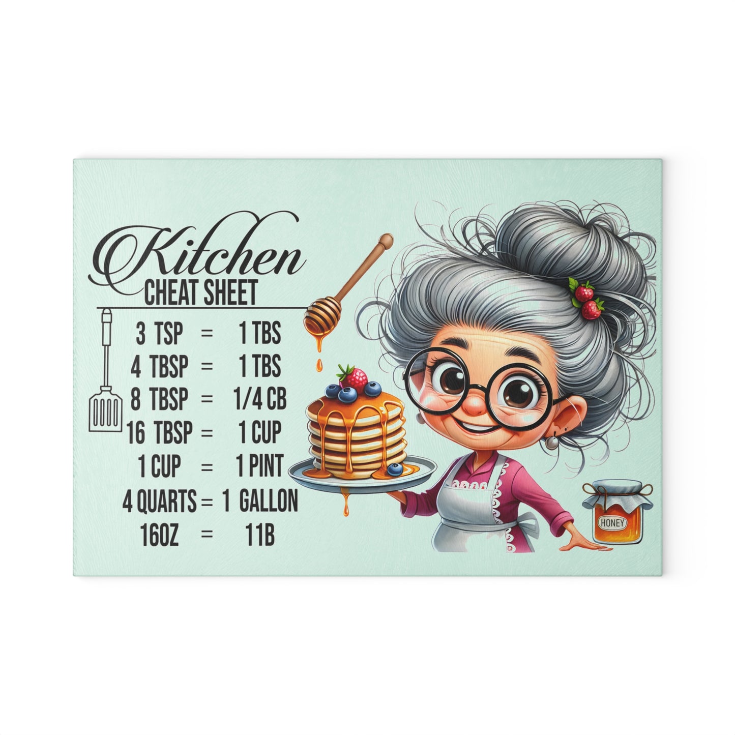 Tabla de cortar con trucos para la cocina: adorable abuela y práctica tabla de conversión de cocina