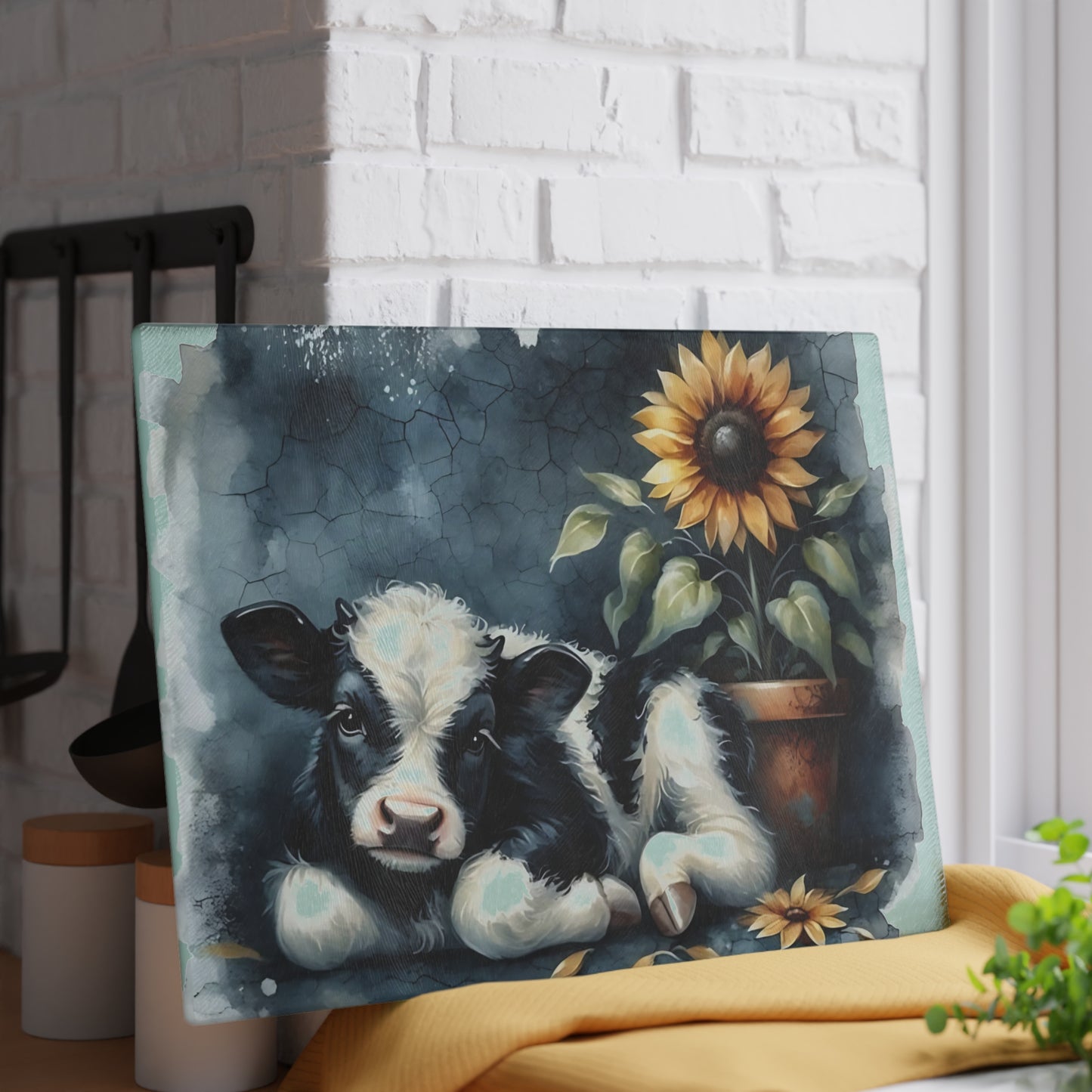 🐄 Sunflower & Baby Cow Cutting Board – Rustic Farmhouse Kitchen Decor