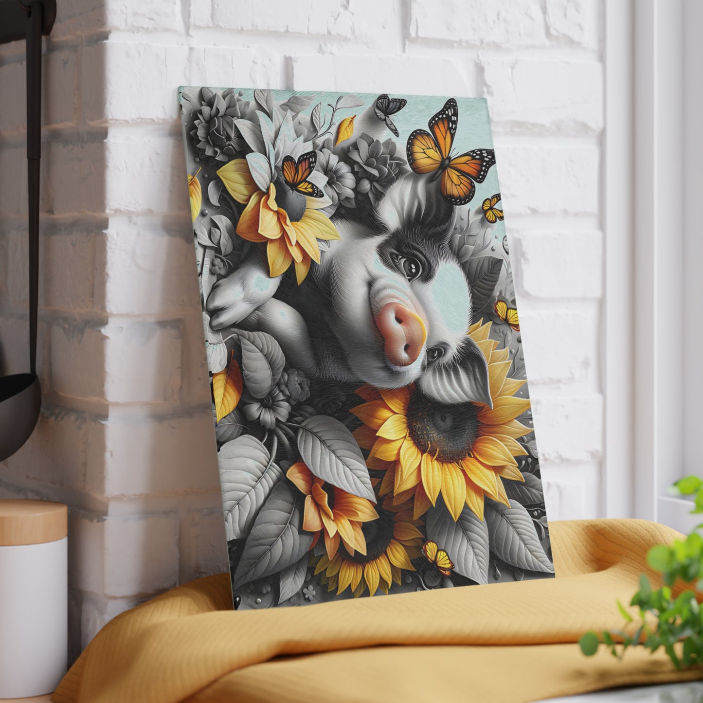 🐷 Sunflower Piglet with Butterflies Cutting Board – Farmhouse Kitchen Décor