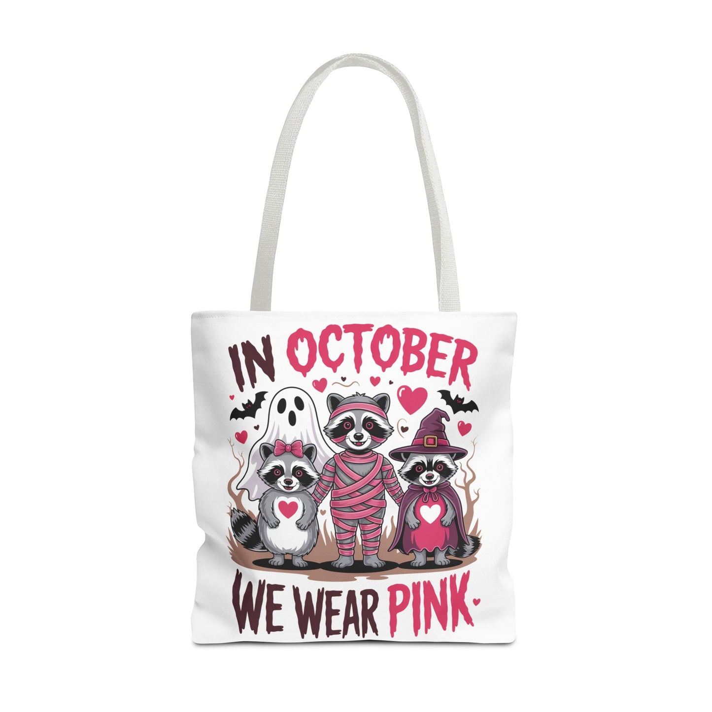 🎀 In October We Wear Pink Raccoon Halloween Tote Bag – Spooky Cute Awareness Style 🦝👜