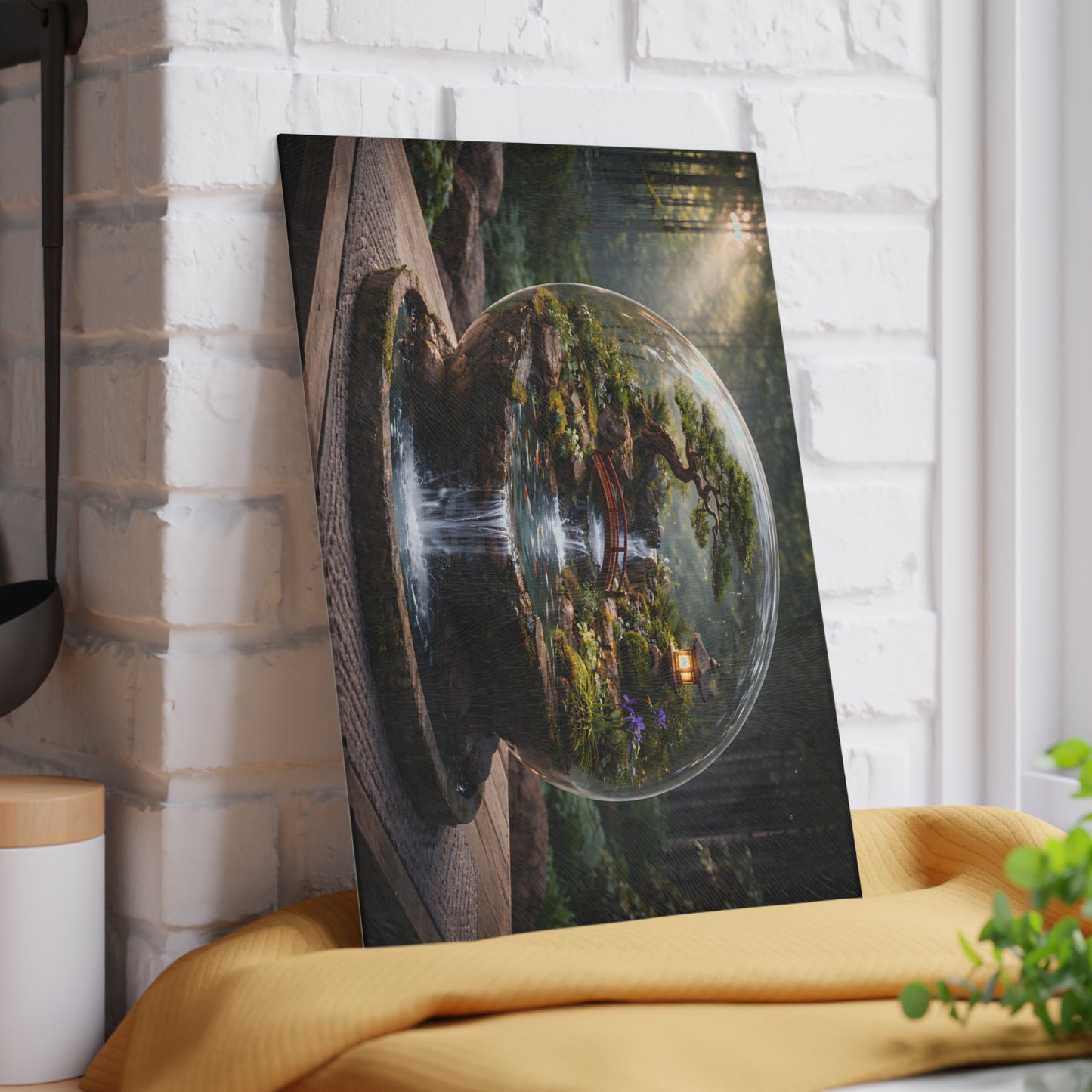 Zen Garden Waterfall Globe Glass Cutting Board – Tranquil Japanese-Inspired Nature Art