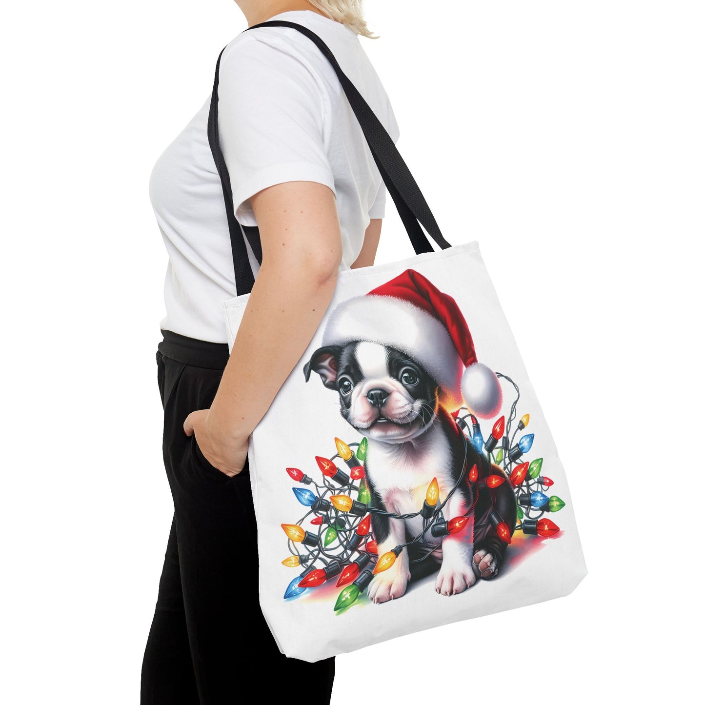 👜 Boston Terrier Christmas Lights Tote Bag – Holiday Sparkle Meets Puppy Love 🎄