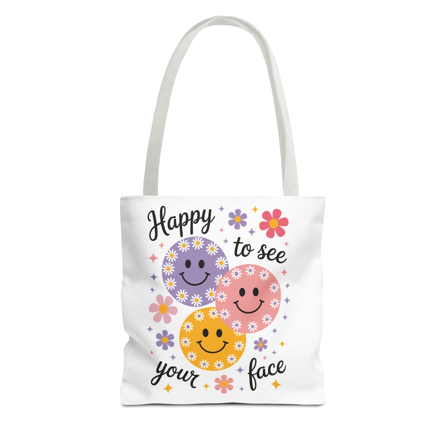 ๐ผ Happy Face Daisy Tote Bag โ Retro Smiles with Floral Charm ๐ธ