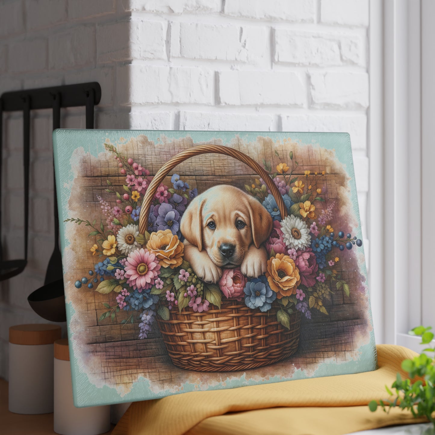 🐾🌼 Yellow Labrador Puppy in Basket Cutting Board – Rustic Charm with Floral Elegance 🌸