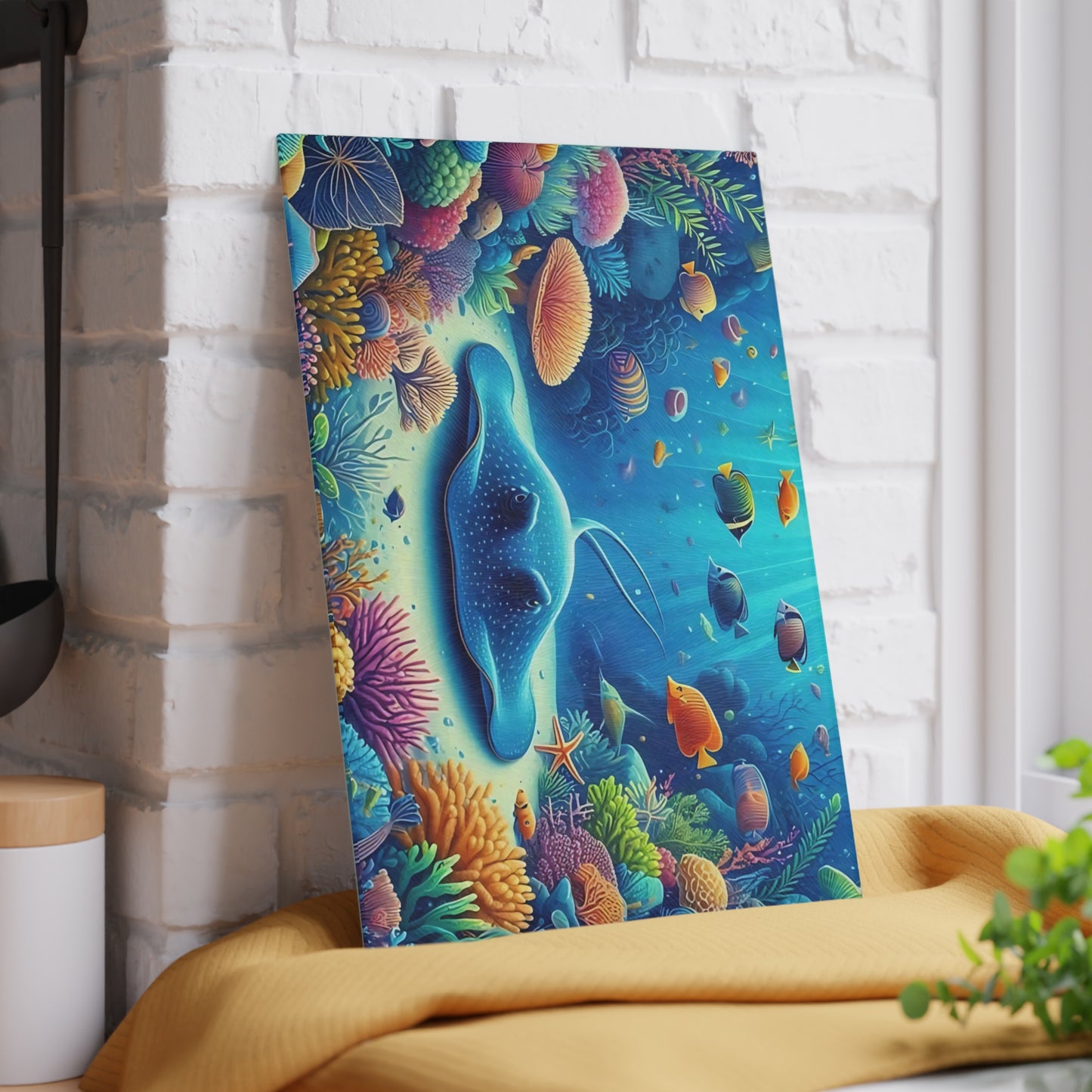 Stingray & Coral Reef Glass Cutting Board – Ocean Life Kitchen Decor with Saltwater Fish