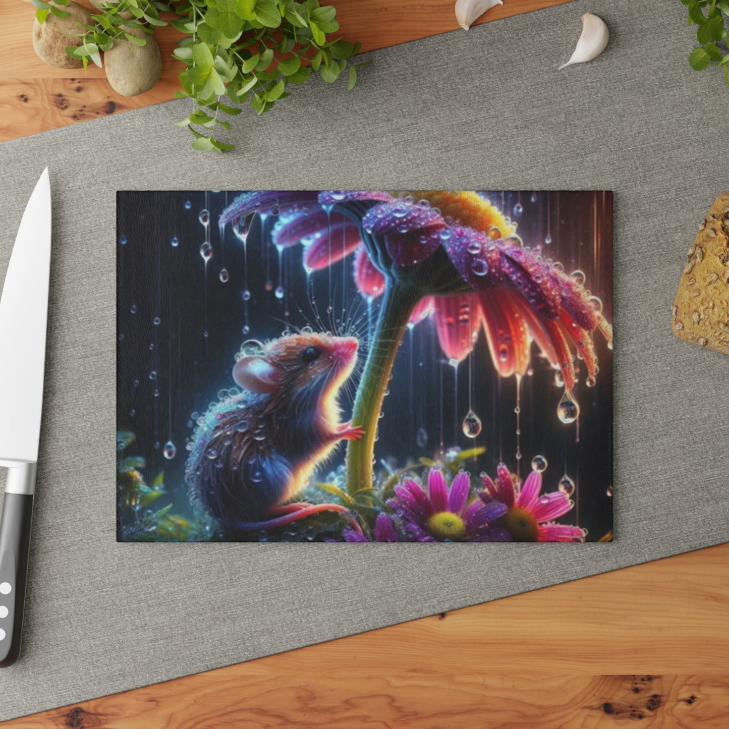 🪻 Rainy Day Mouse Cutting Board – Whimsy & Wonder for Your Kitchen