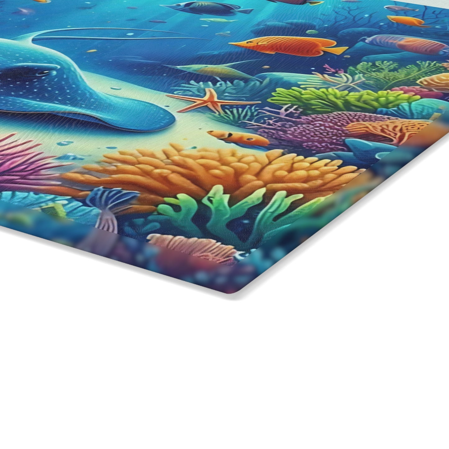 Stingray & Coral Reef Glass Cutting Board – Ocean Life Kitchen Decor with Saltwater Fish