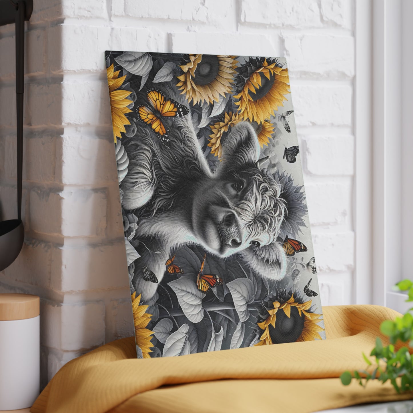 🐮 Black & White Calf with Sunflowers & Butterflies Cutting Board – Rustic Farmhouse Beauty in Glass