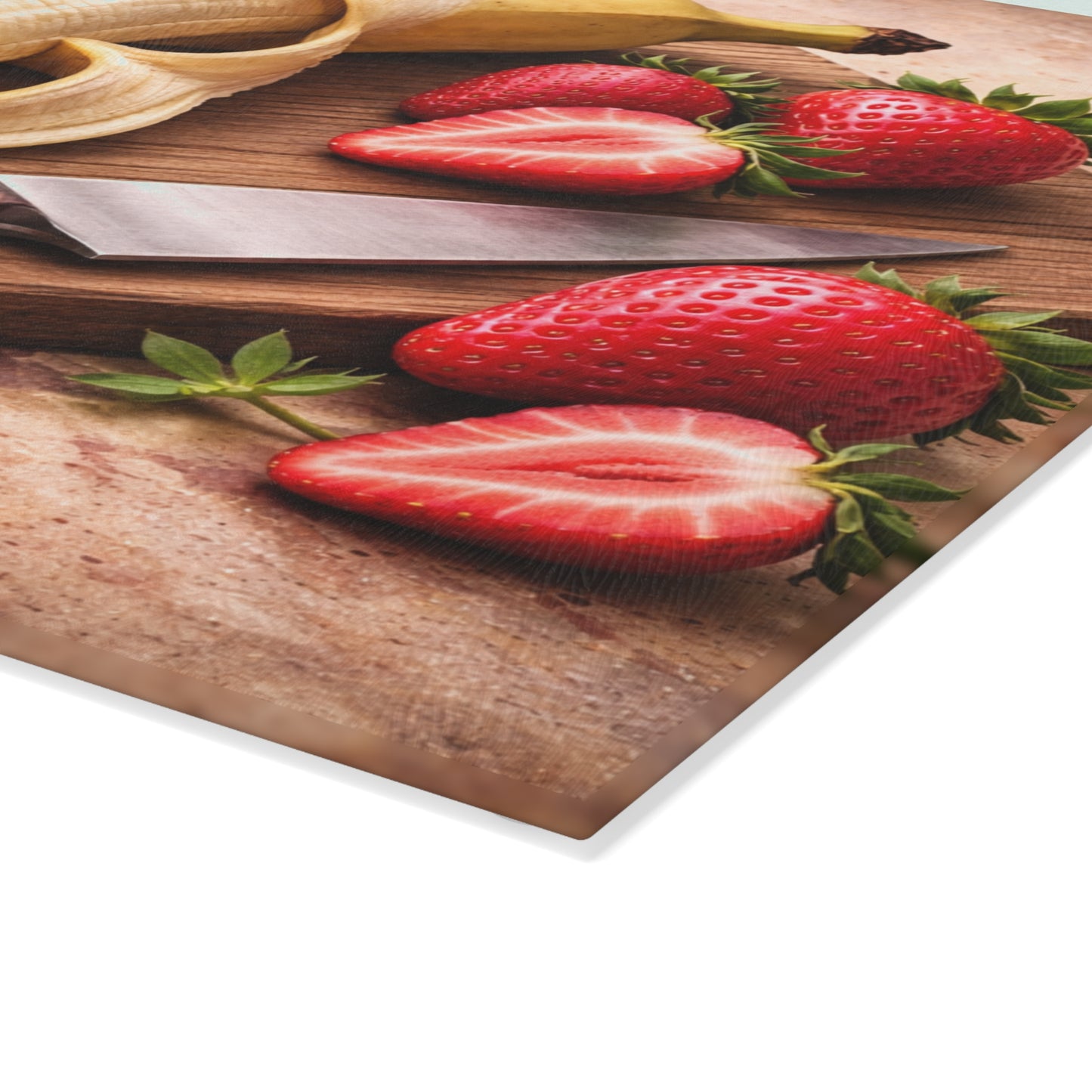 Banana and Strawberry Kitchen Art Glass Cutting Board – Rustic Breakfast Inspired Design