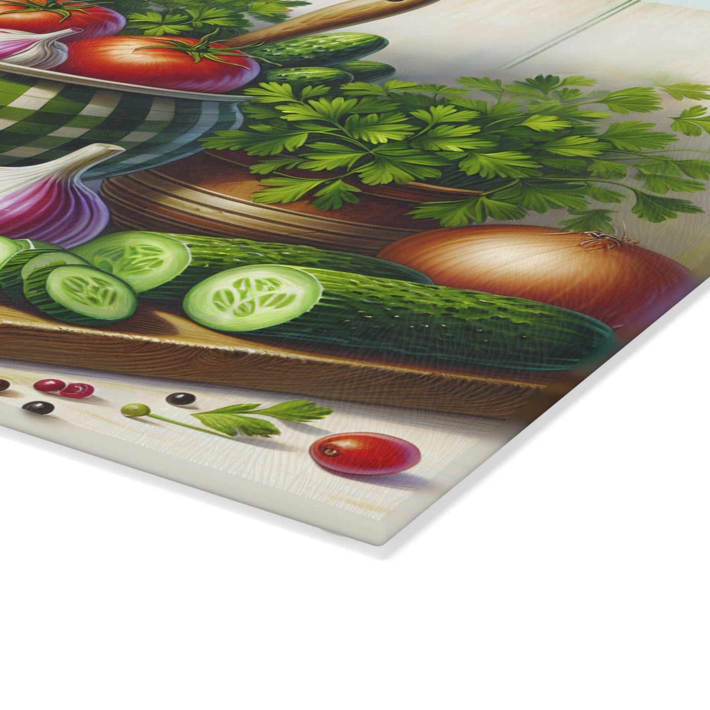 Tabla de cortar pepinos y tomates frescos de granja: un encanto campestre para tu cocina