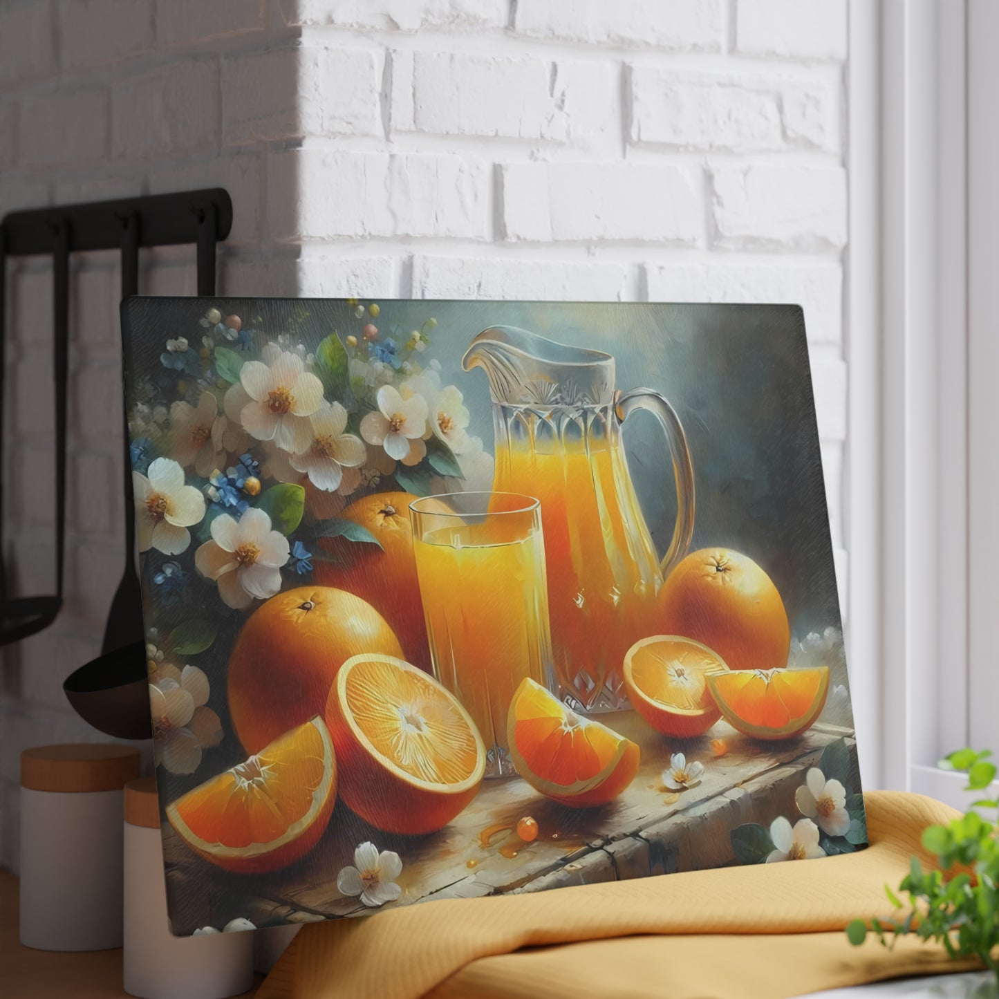 Tabla de cortar de vidrio templado para zumo de naranja recién exprimido: decoración cítrica para la cocina, bandeja para servir naranjas, regalo para el desayuno de verano