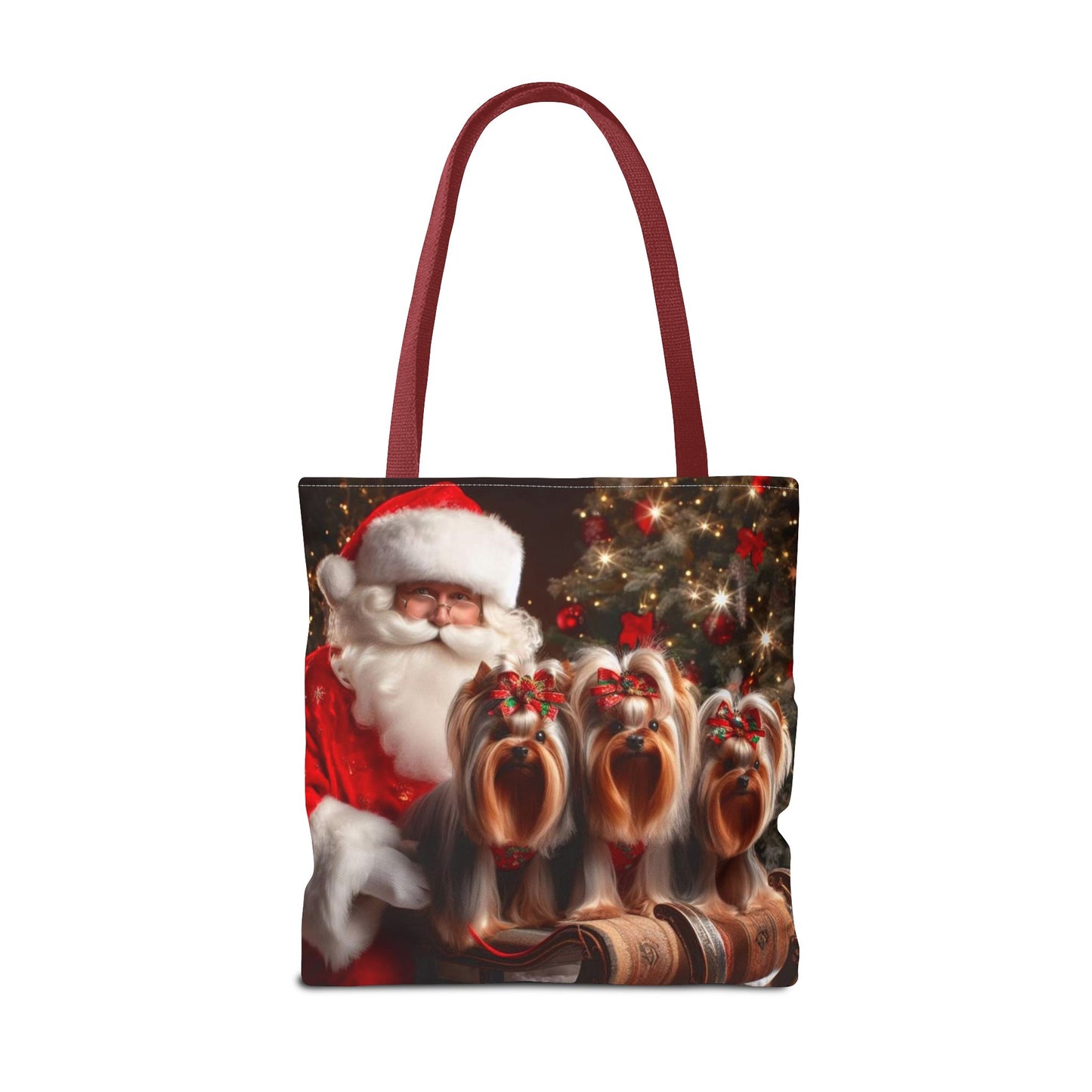 🎅 Santa & Yorkies Christmas Tote Bag – Holiday Cheer with a Furry Twist 🎄