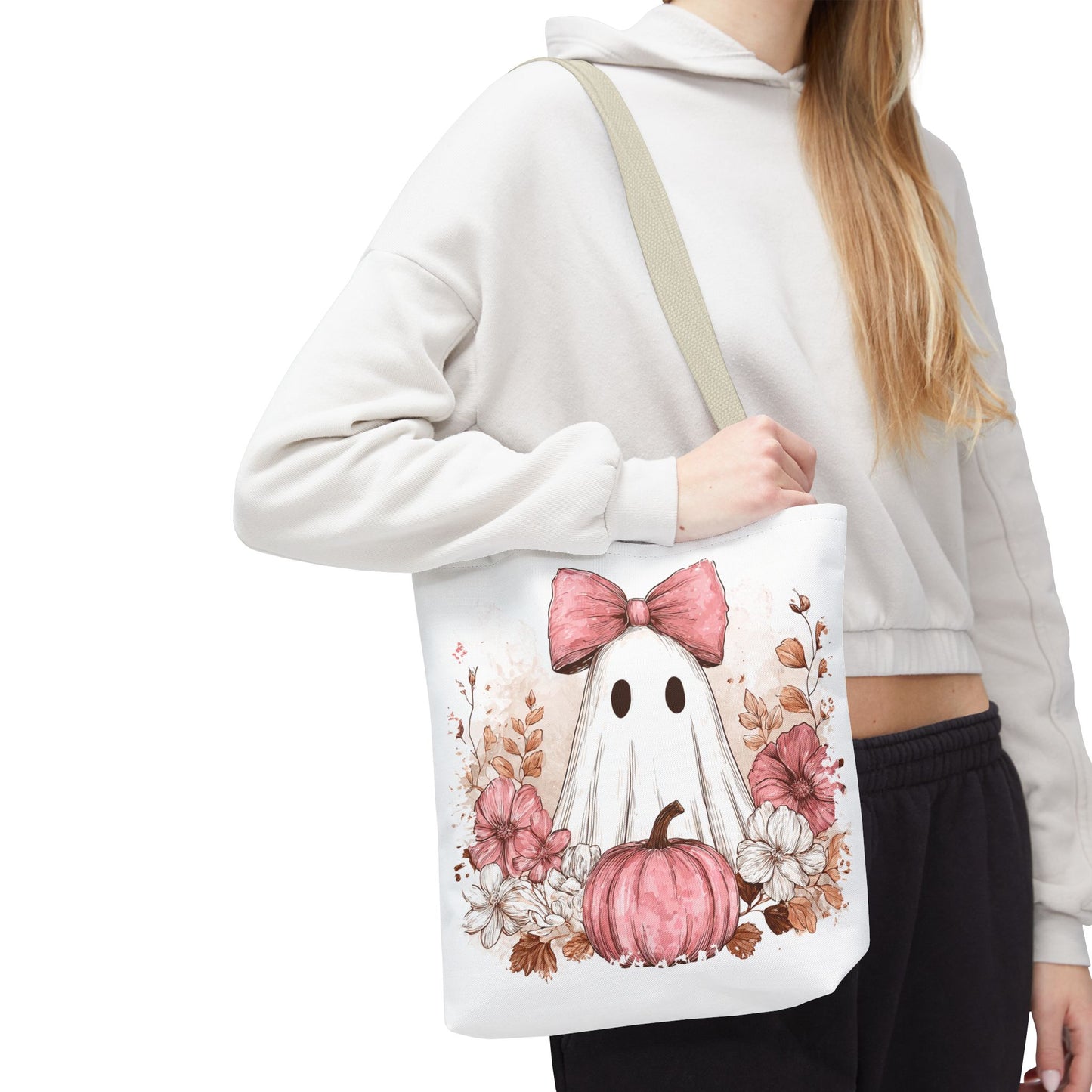 ๐ป Pink Bow Ghost Floral Halloween Tote Bag โ Spooky Cute with Fall Charm ๐๐