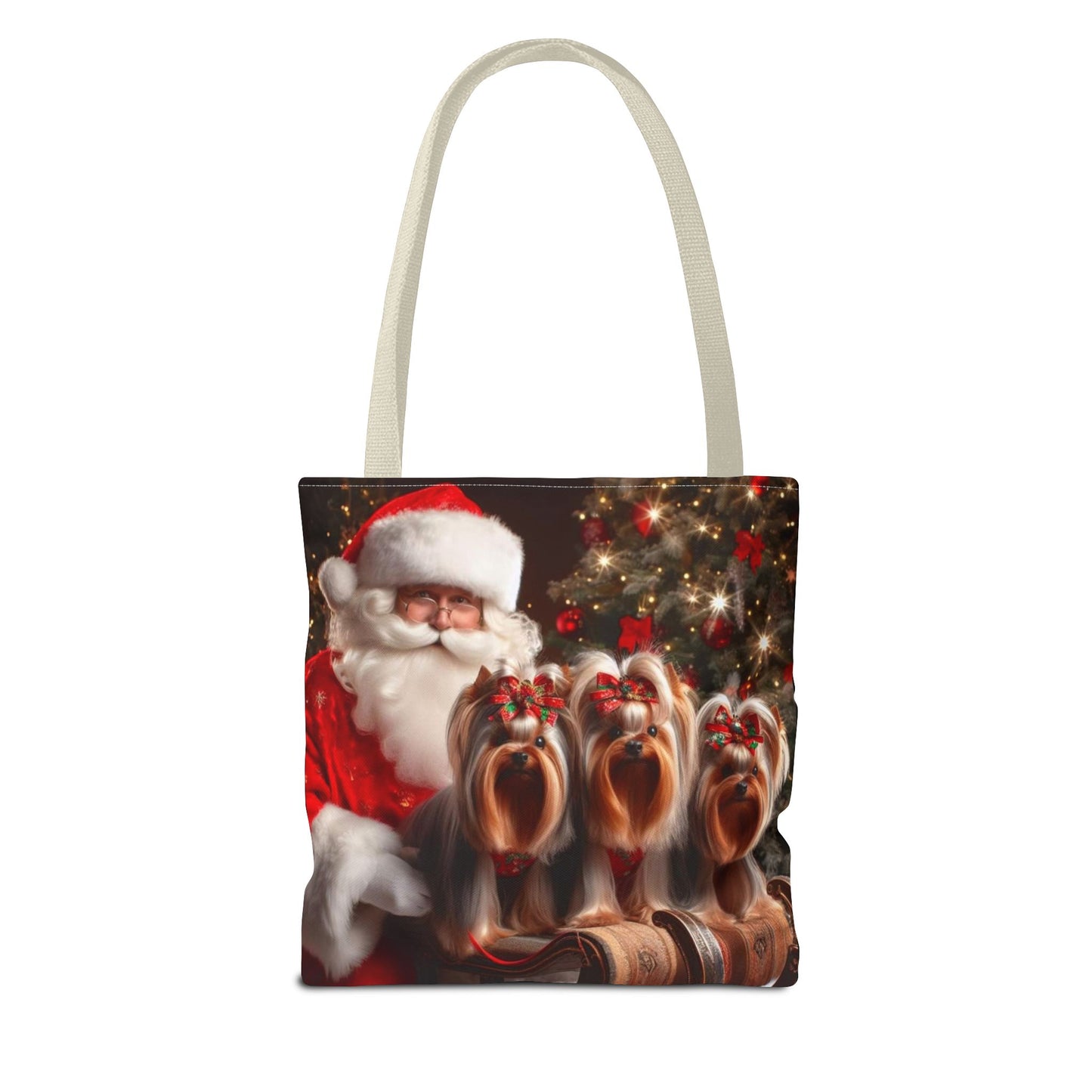 🎅 Santa & Yorkies Christmas Tote Bag – Holiday Cheer with a Furry Twist 🎄