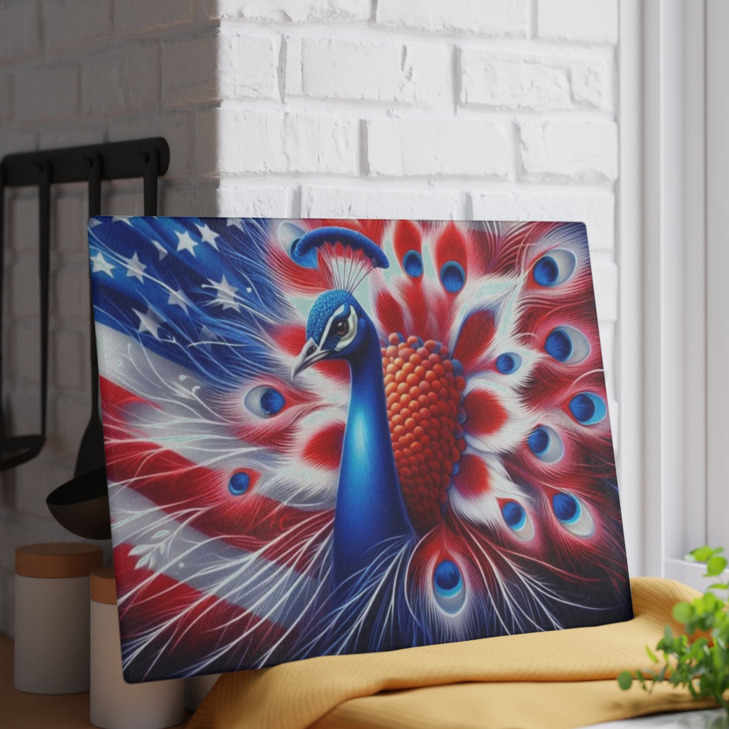 🦚 4th of July Patriotic Peacock Glass Cutting Board – Red, White & Beautiful!