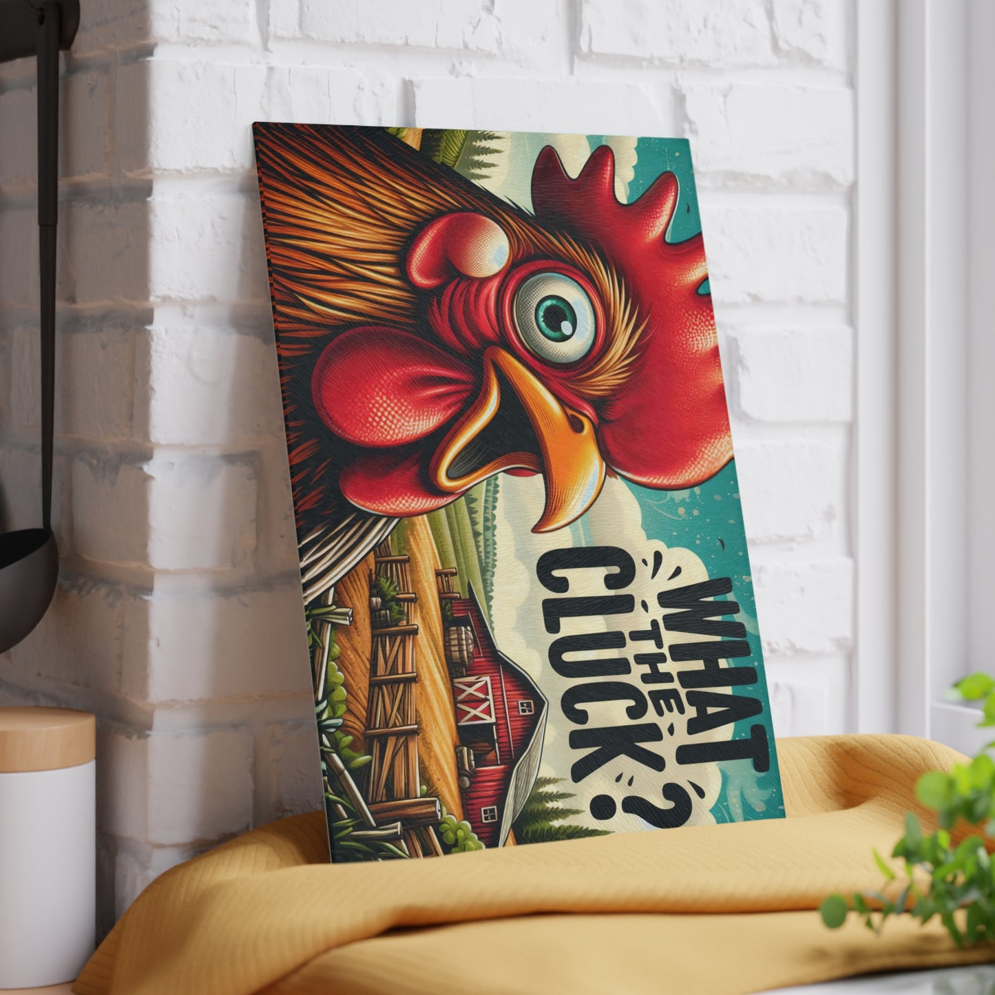 What the Cluck Glass Cutting Board – Funny Rooster Farm Kitchen Art Display