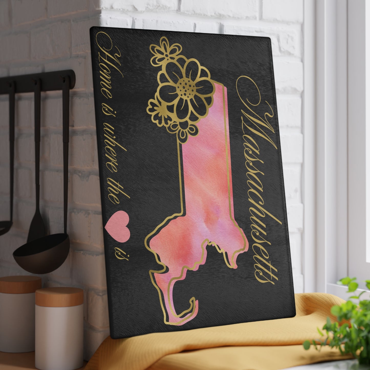 🌸 Massachusetts State Cutting Board – Soft Blush Beauty with Home Heart Charm