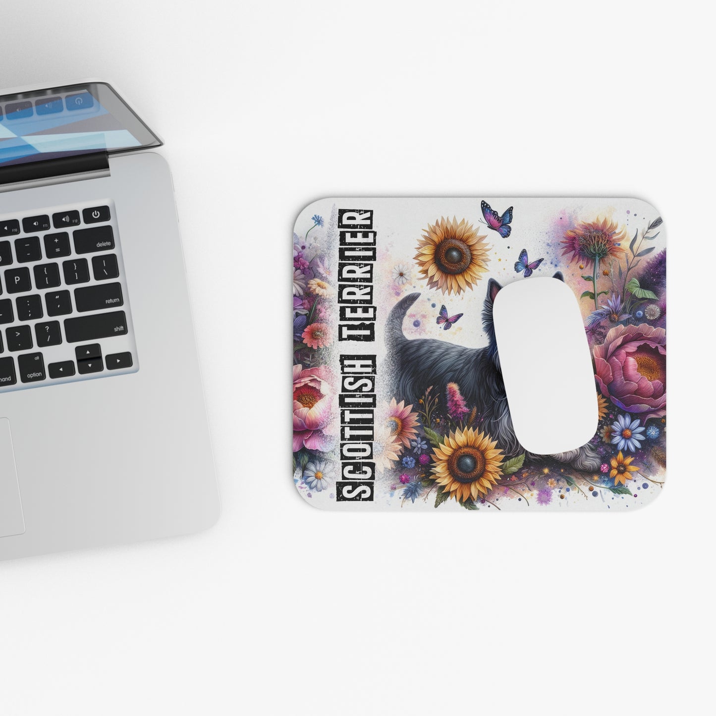 🖱️🏴🌻 Scottish Terrier Mouse Pad – Happy Scottie with Sunflowers & Florals