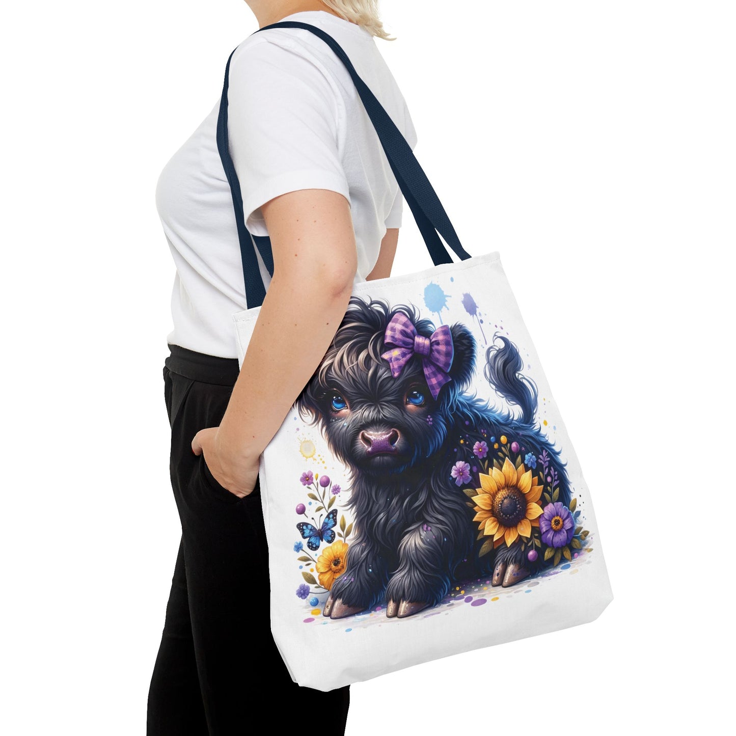 💜 Purple Bow Black Highland Calf Tote Bag – Country Charm with a Pop of Color 🐮👜