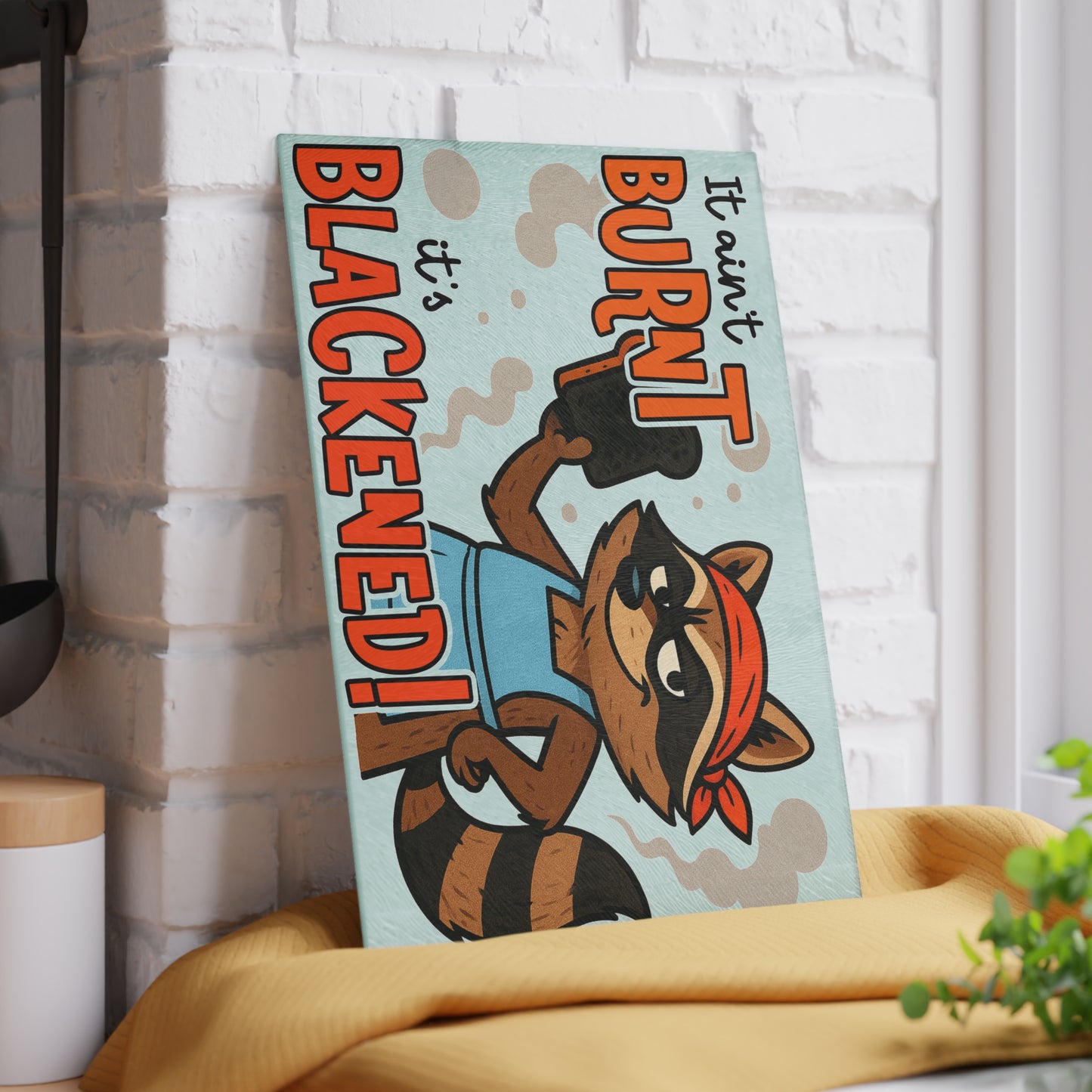 🦝🔥 Funny Raccoon Cutting Board – “It Ain’t Burnt, It’s Blackened” 😆